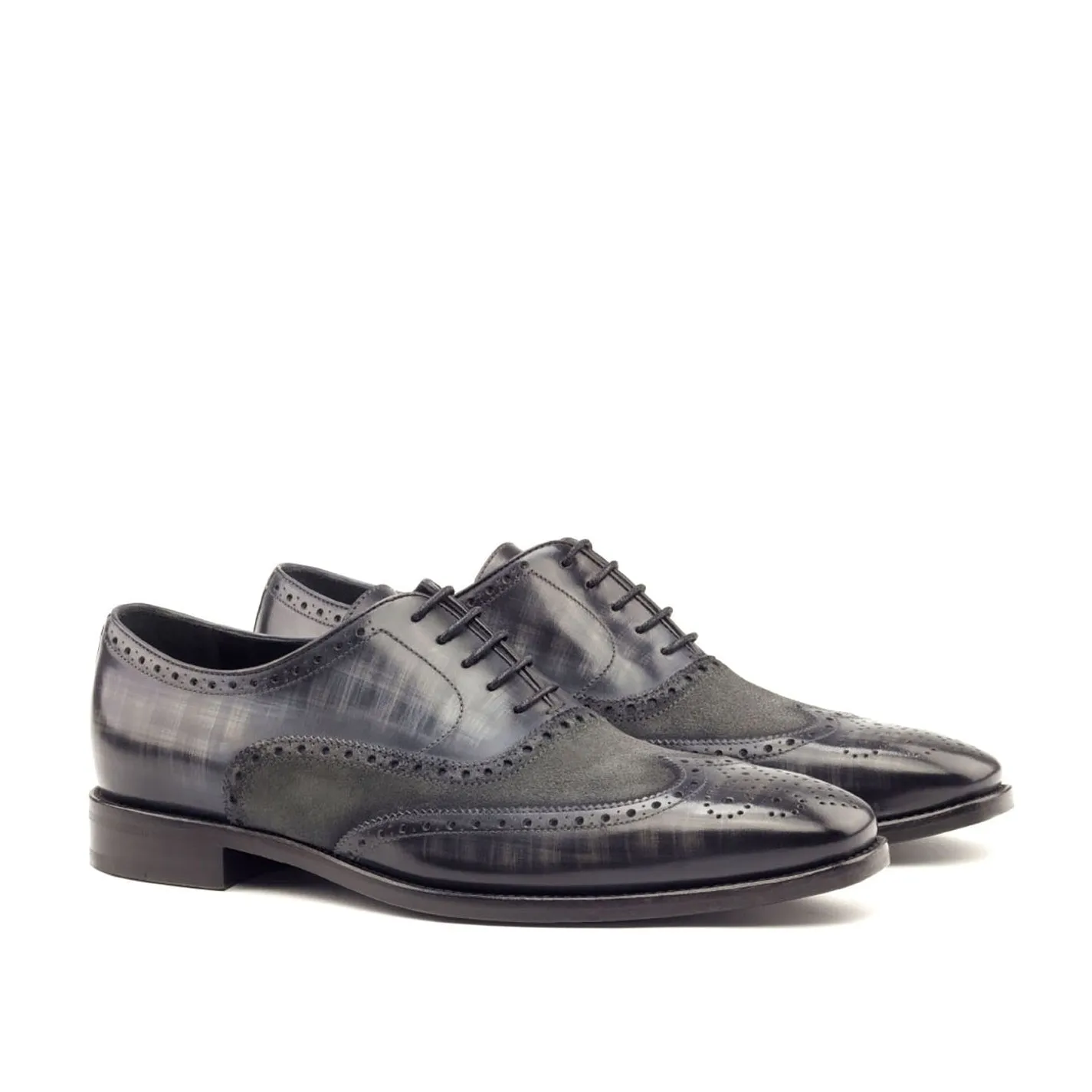 Ambrogio Bespoke Men's Handmade Custom Shoes Gray Suede / Patina Leather Full Brogue Wing-Tip Oxfords (AMB1328)