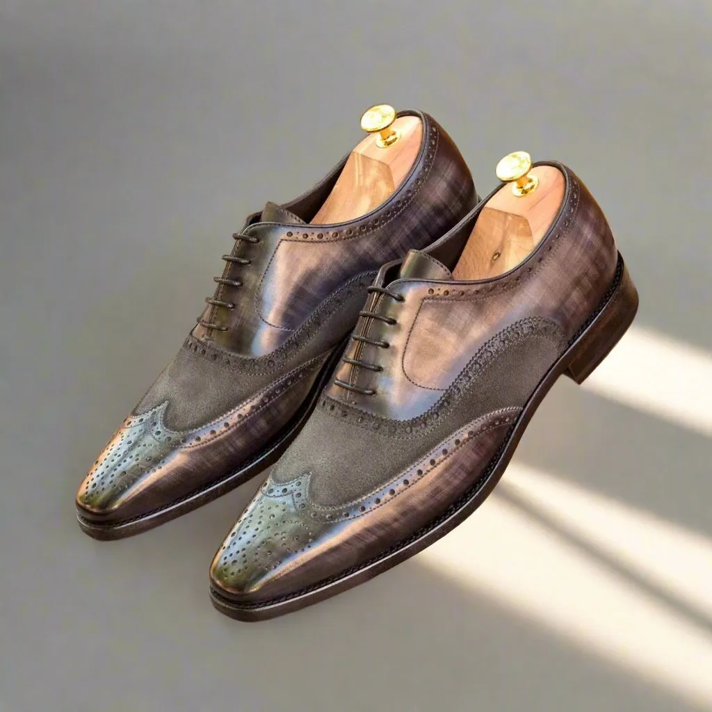 Ambrogio Bespoke Men's Handmade Custom Shoes Gray Suede / Patina Leather Full Brogue Wing-Tip Oxfords (AMB1328)