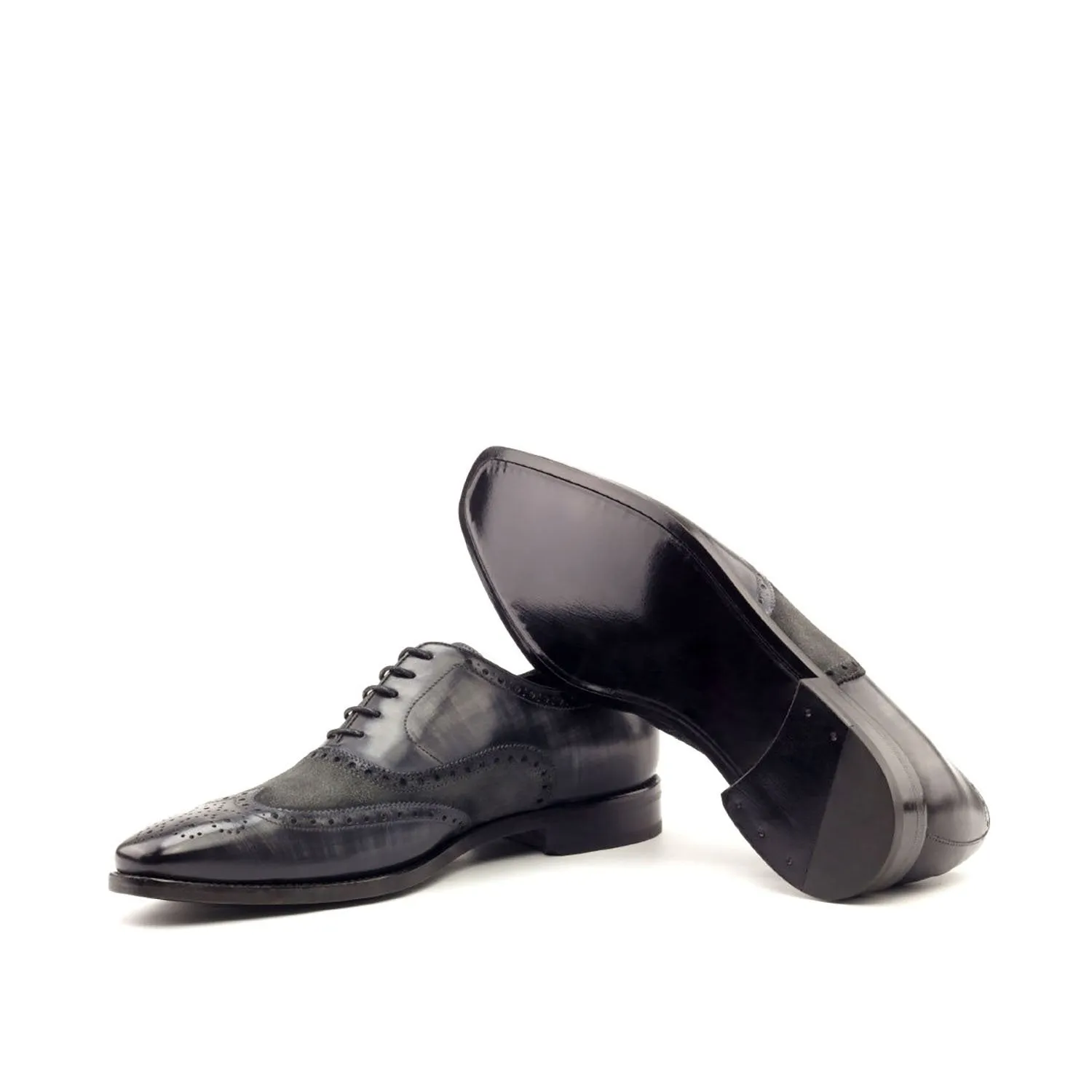 Ambrogio Bespoke Men's Handmade Custom Shoes Gray Suede / Patina Leather Full Brogue Wing-Tip Oxfords (AMB1328)