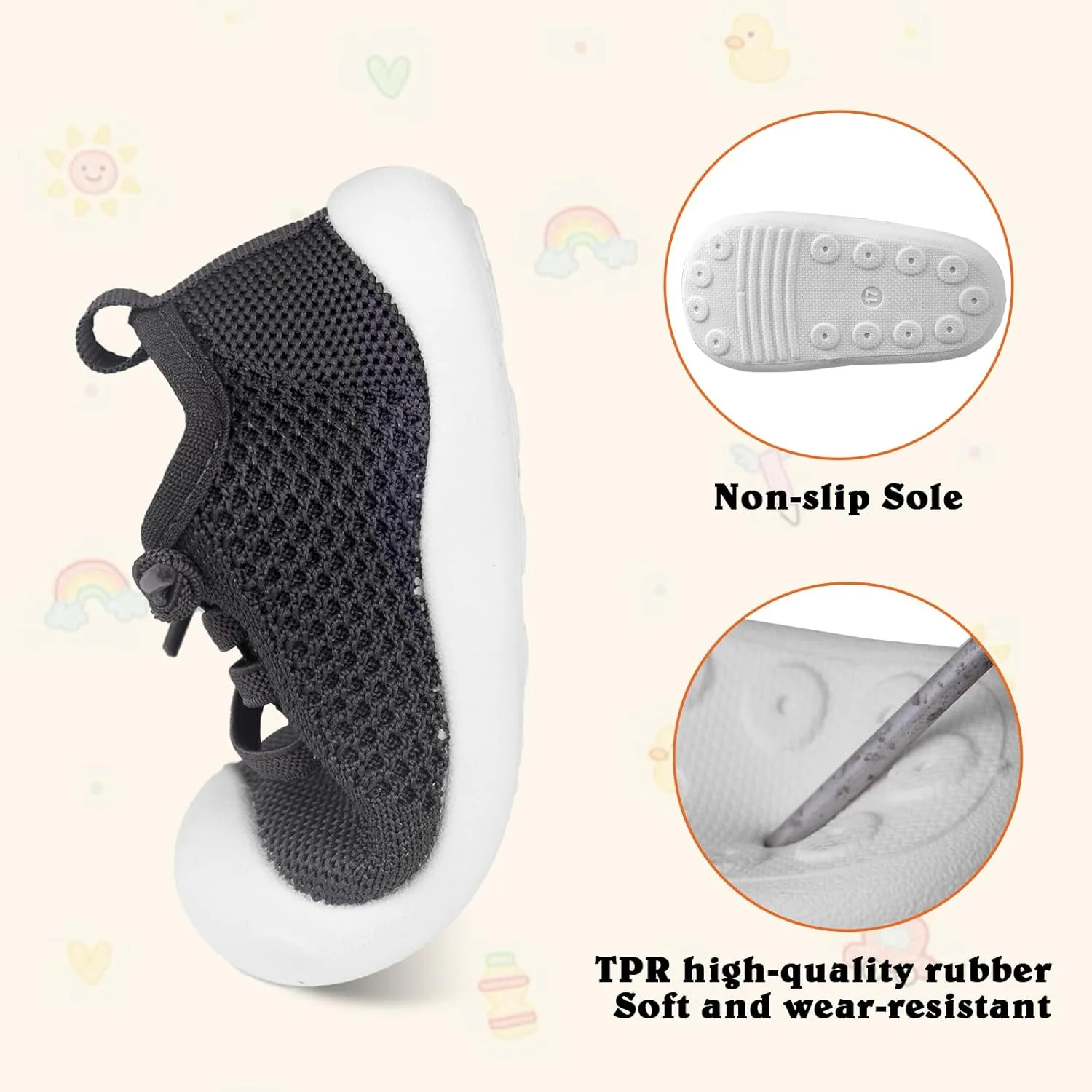 Baby Girl&Boy Toddler First Walking Shoes 6-12 Months Size 3 Black Barefoot Slip On Wide Toe Box Shoes Soft Footmates Casual Tennis Indoor Flexible Learning to Walk Rubber Sneakers