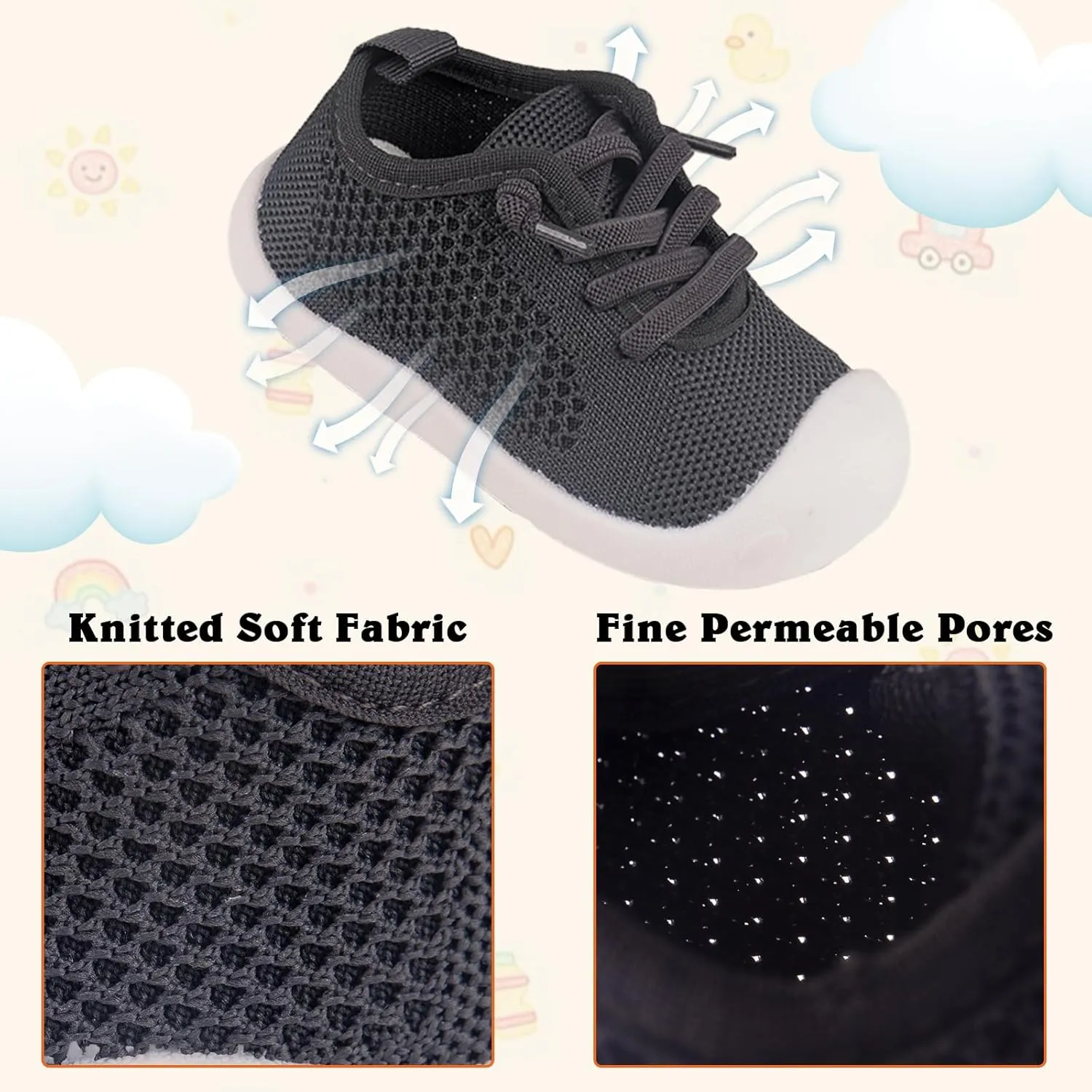 Baby Girl&Boy Toddler First Walking Shoes 6-12 Months Size 3 Black Barefoot Slip On Wide Toe Box Shoes Soft Footmates Casual Tennis Indoor Flexible Learning to Walk Rubber Sneakers