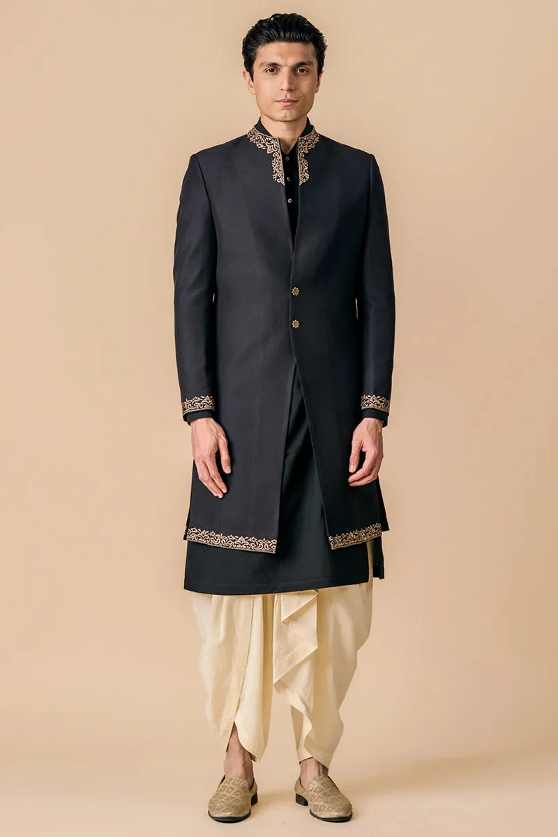 Black Modern Sherwani With Grown Neck Detailing
