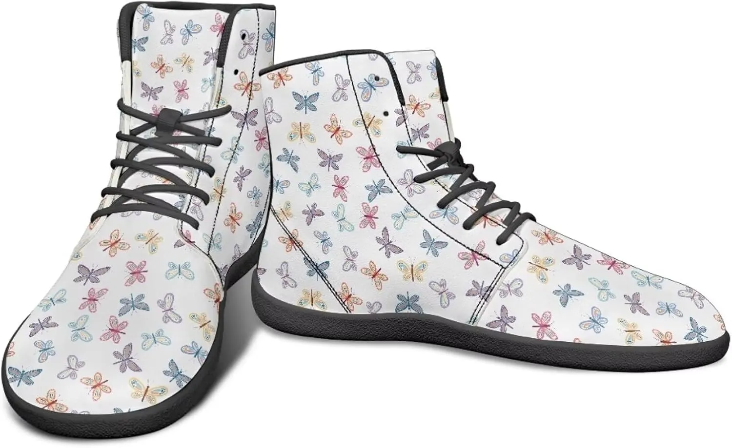 Butterflies Pattern High Top Zero-Drop Barefoot Shoes, Wide Toe Shoes for Men - Rubber Sole Running Shoes
