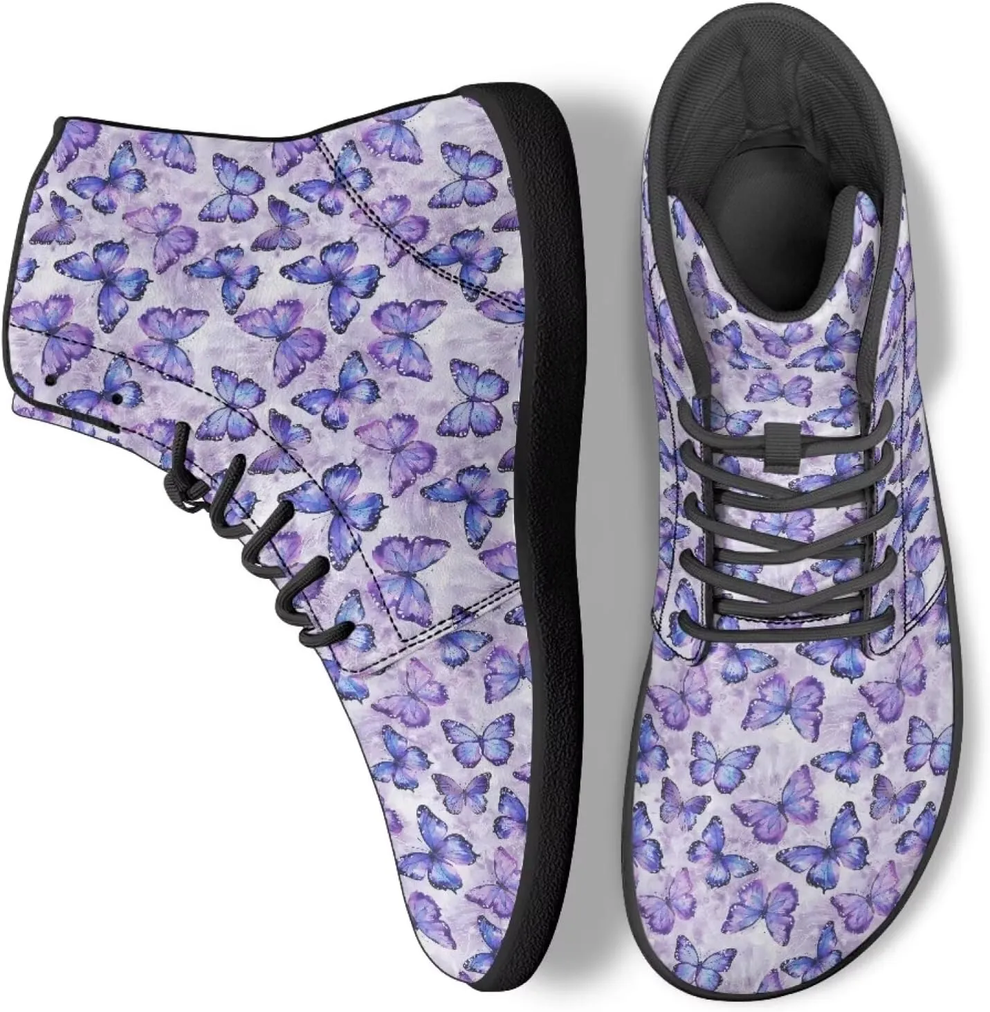 Butterflies Pattern High Top Zero-Drop Barefoot Shoes, Wide Toe Shoes for Men - Rubber Sole Running Shoes