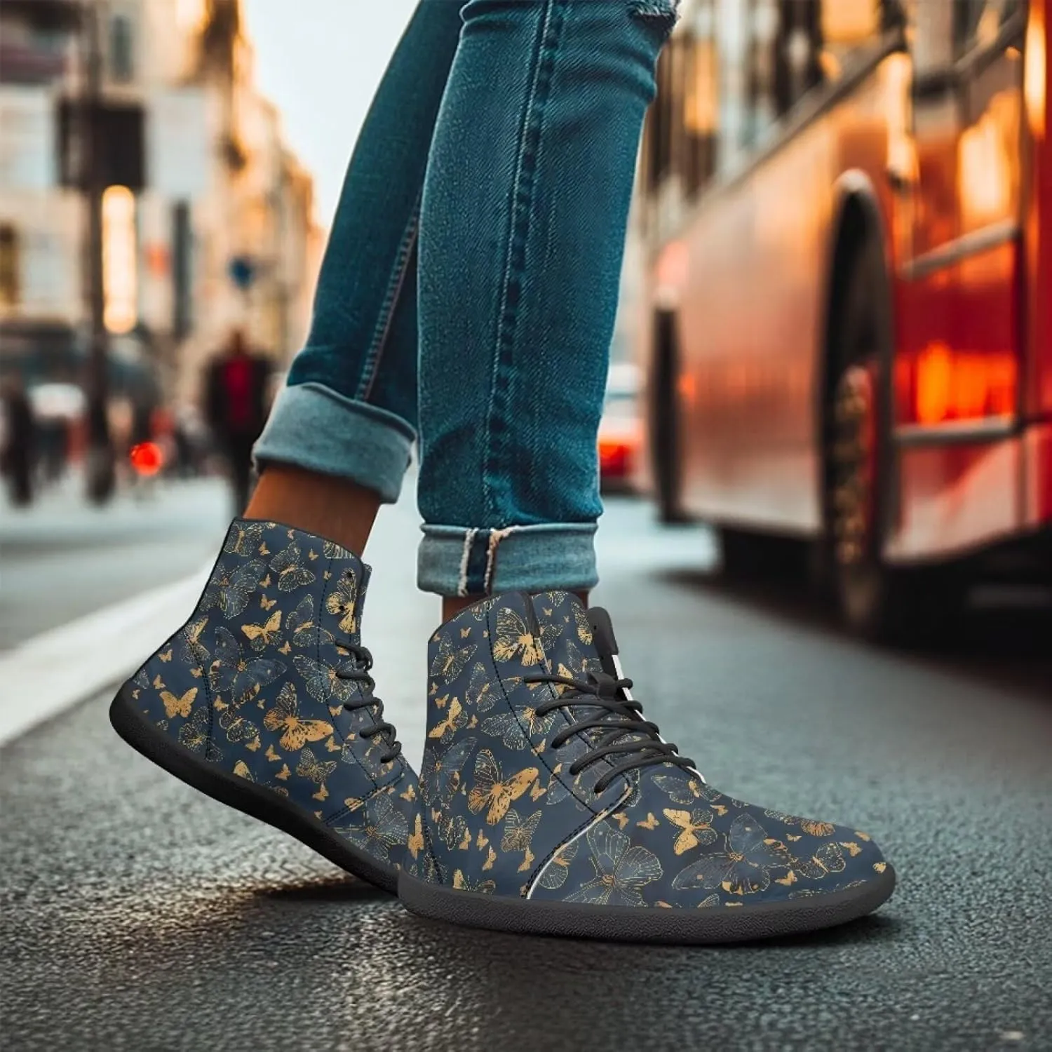 Butterflies Pattern High Top Zero-Drop Barefoot Shoes, Wide Toe Shoes for Men - Rubber Sole Running Shoes