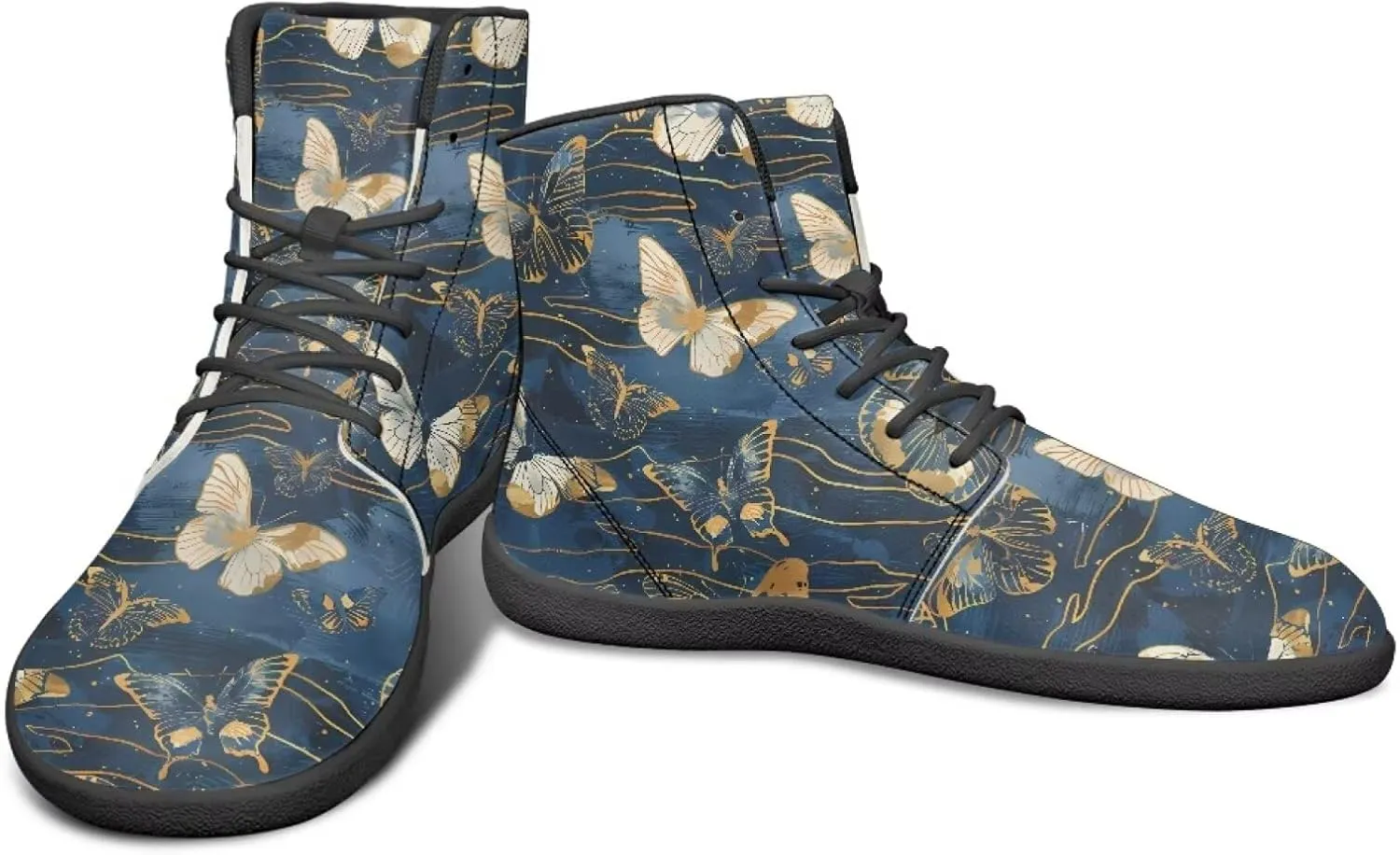 Butterflies Pattern High Top Zero-Drop Barefoot Shoes, Wide Toe Shoes for Men - Rubber Sole Running Shoes