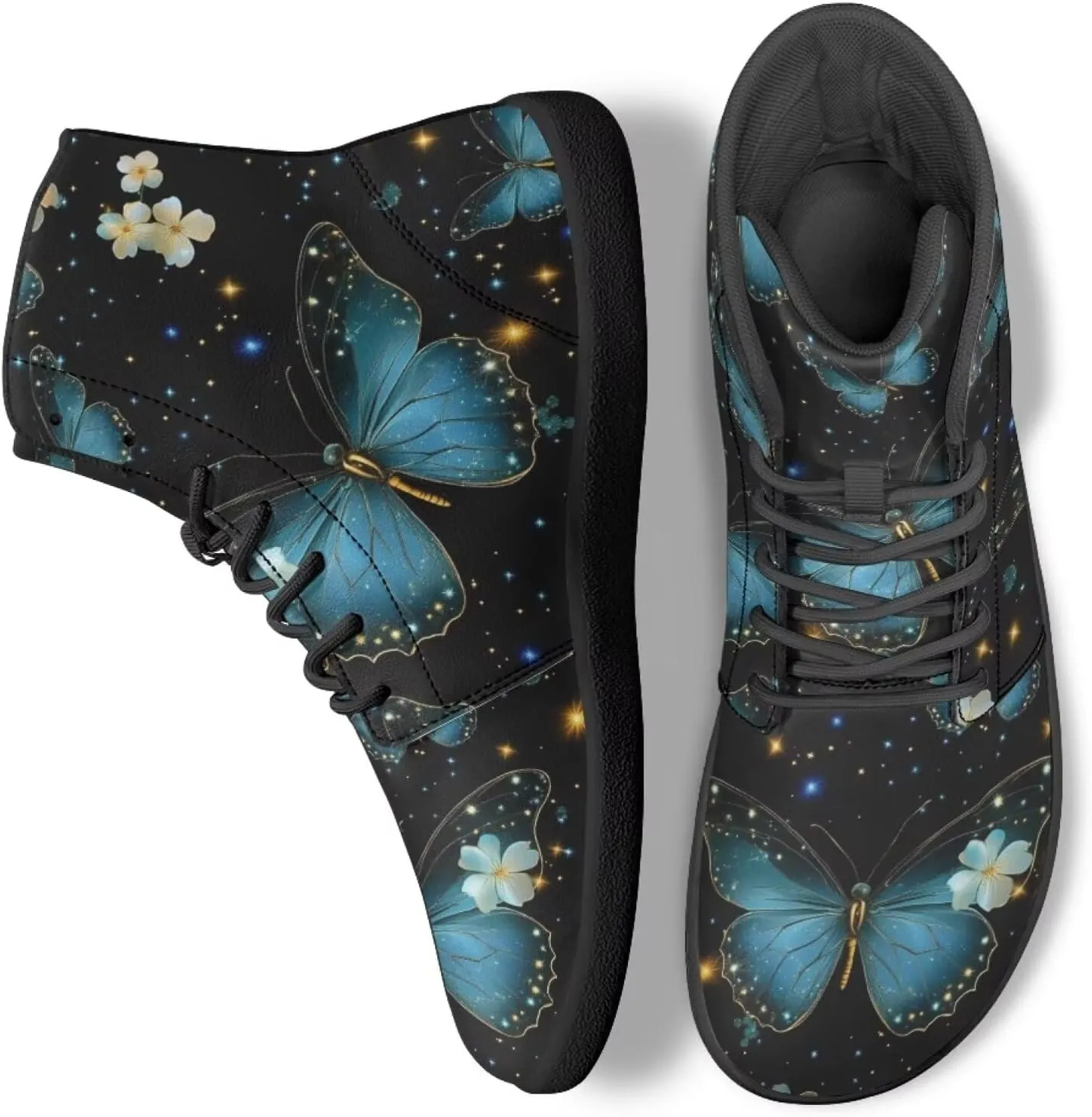 Butterflies Pattern High Top Zero-Drop Barefoot Shoes, Wide Toe Shoes for Men - Rubber Sole Running Shoes