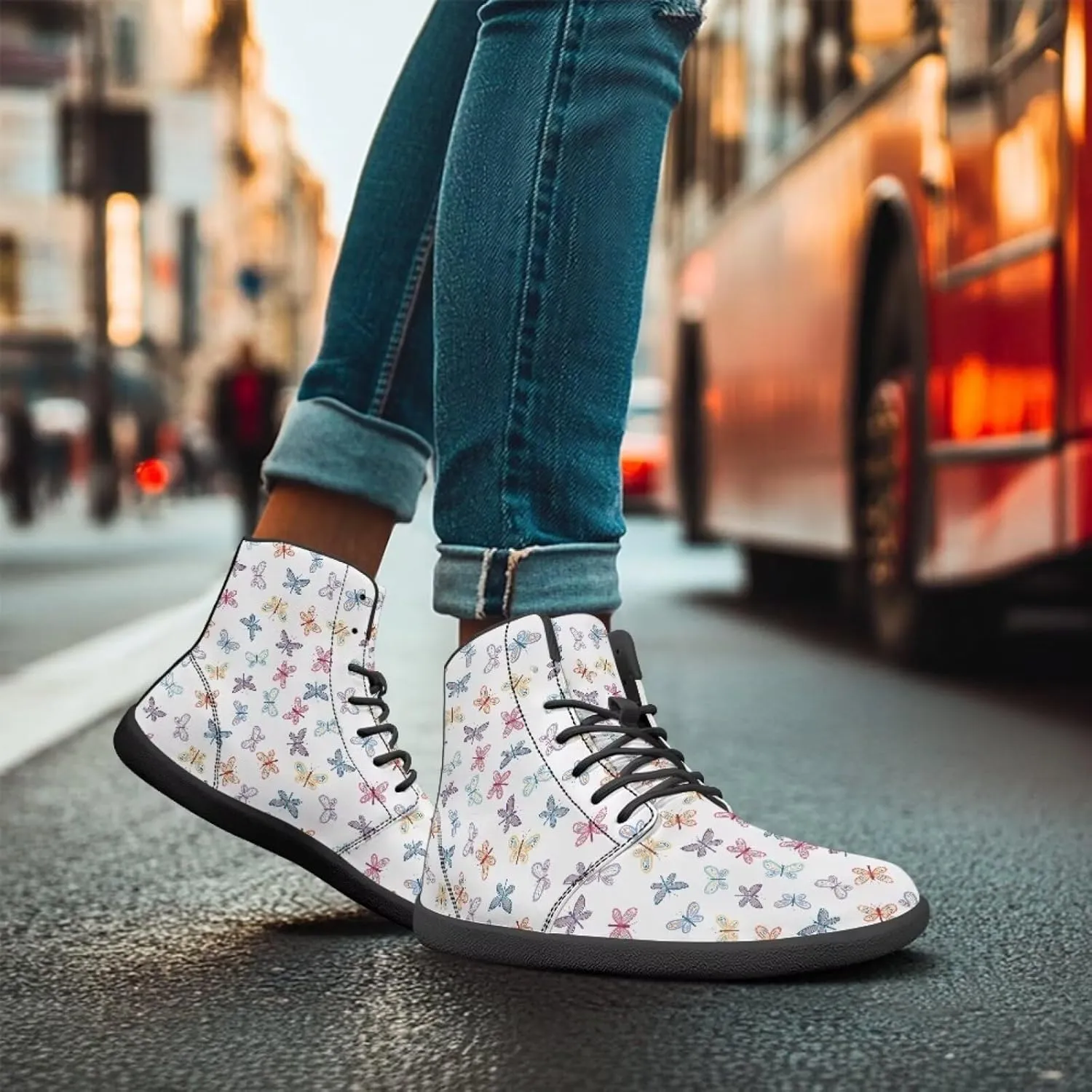 Butterflies Pattern High Top Zero-Drop Barefoot Shoes, Wide Toe Shoes for Men - Rubber Sole Running Shoes