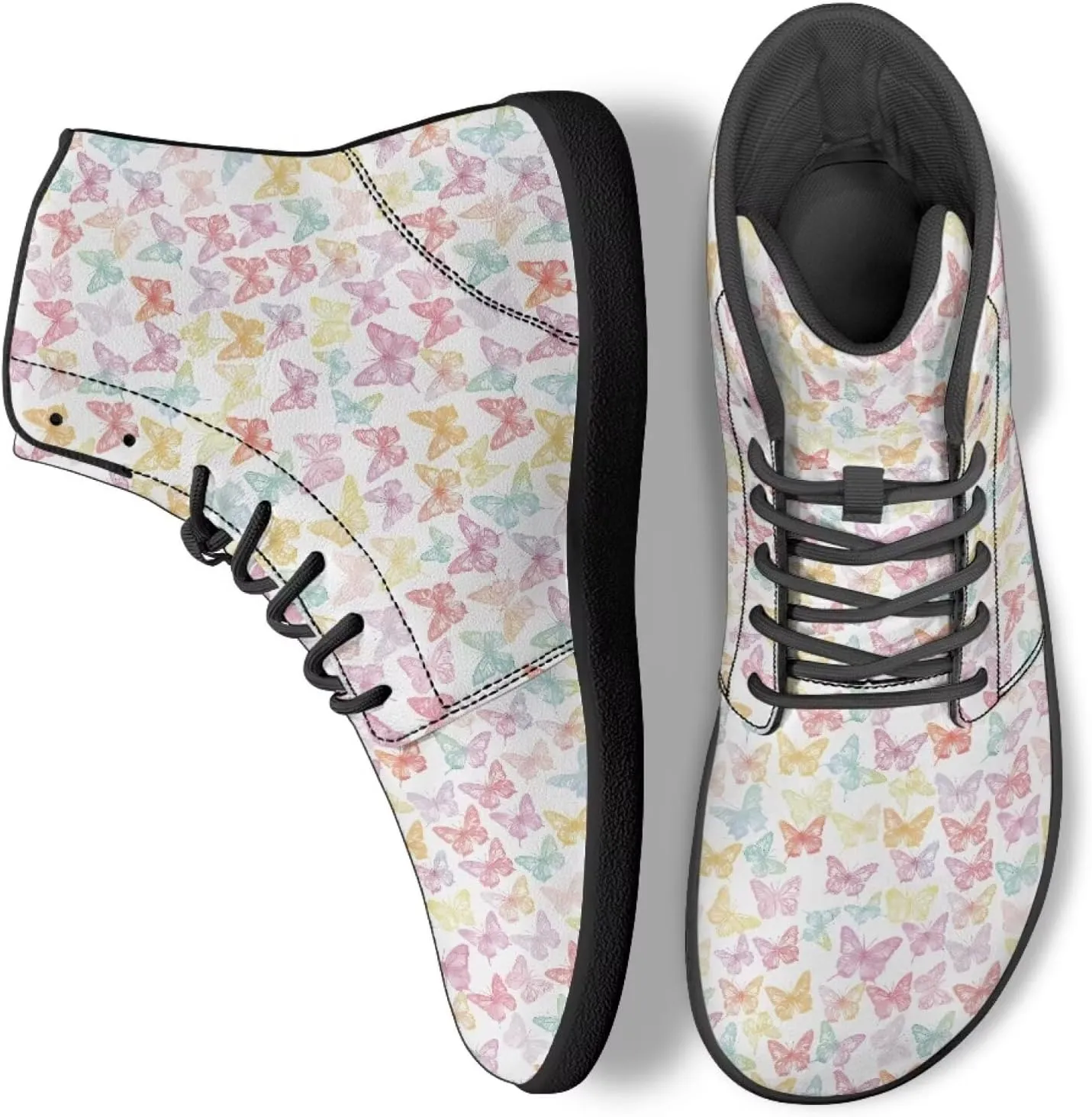 Butterflies Pattern High Top Zero-Drop Barefoot Shoes, Wide Toe Shoes for Men - Rubber Sole Running Shoes