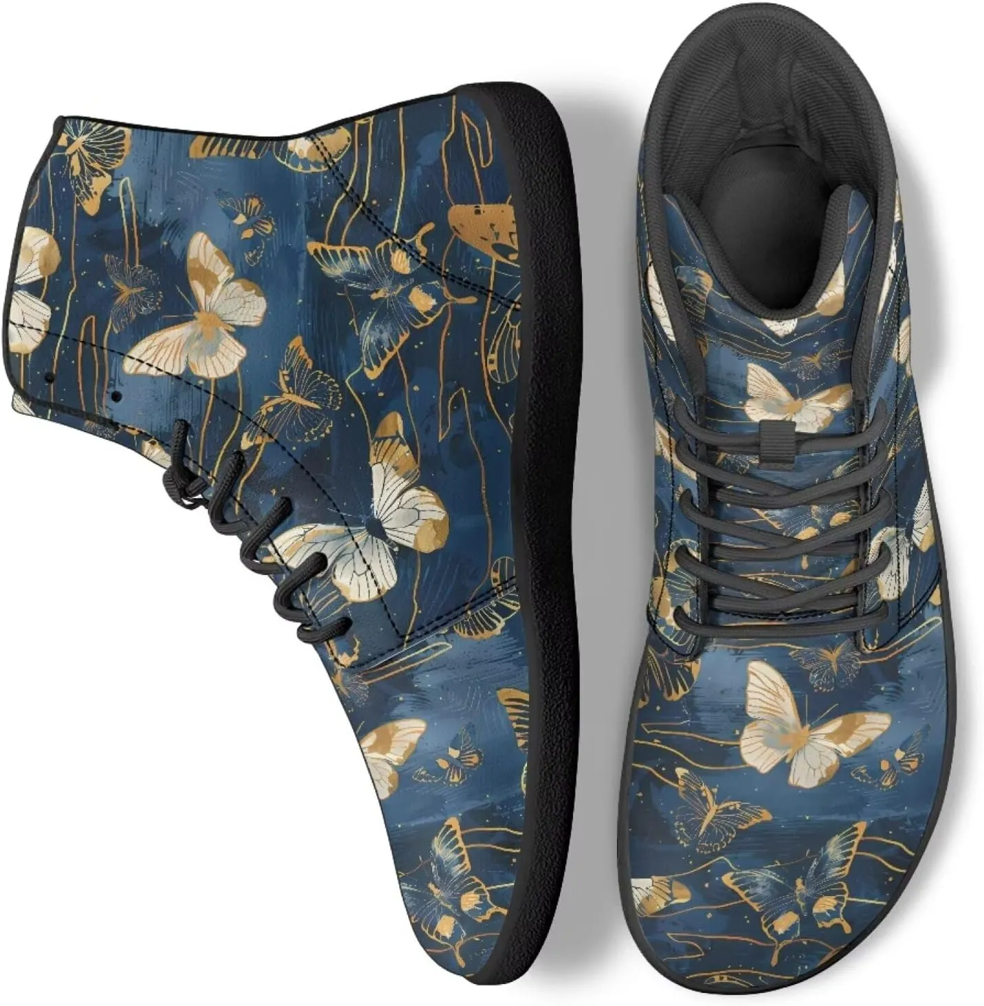 Butterflies Pattern High Top Zero-Drop Barefoot Shoes, Wide Toe Shoes for Men - Rubber Sole Running Shoes