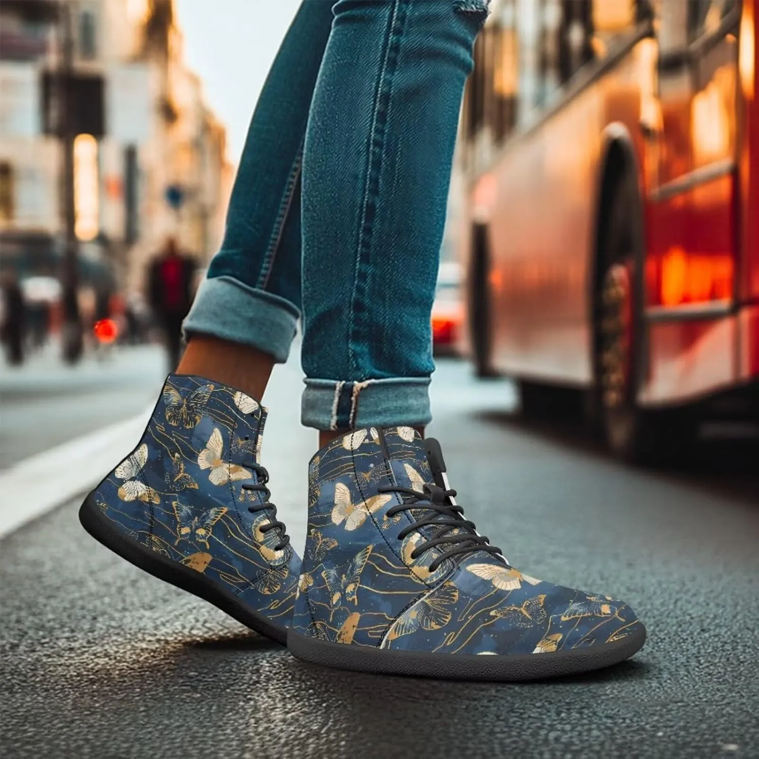 Butterflies Pattern High Top Zero-Drop Barefoot Shoes, Wide Toe Shoes for Men - Rubber Sole Running Shoes