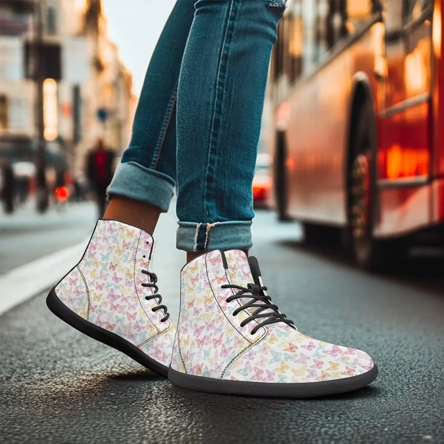 Butterflies Pattern High Top Zero-Drop Barefoot Shoes, Wide Toe Shoes for Men - Rubber Sole Running Shoes