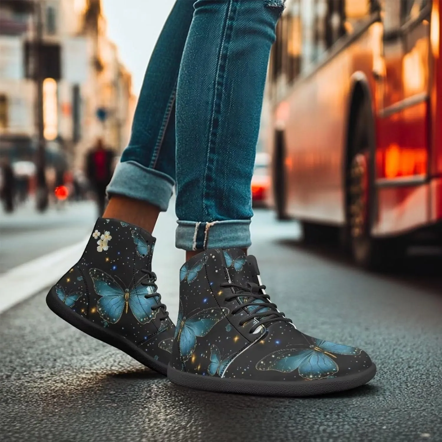Butterflies Pattern High Top Zero-Drop Barefoot Shoes, Wide Toe Shoes for Men - Rubber Sole Running Shoes