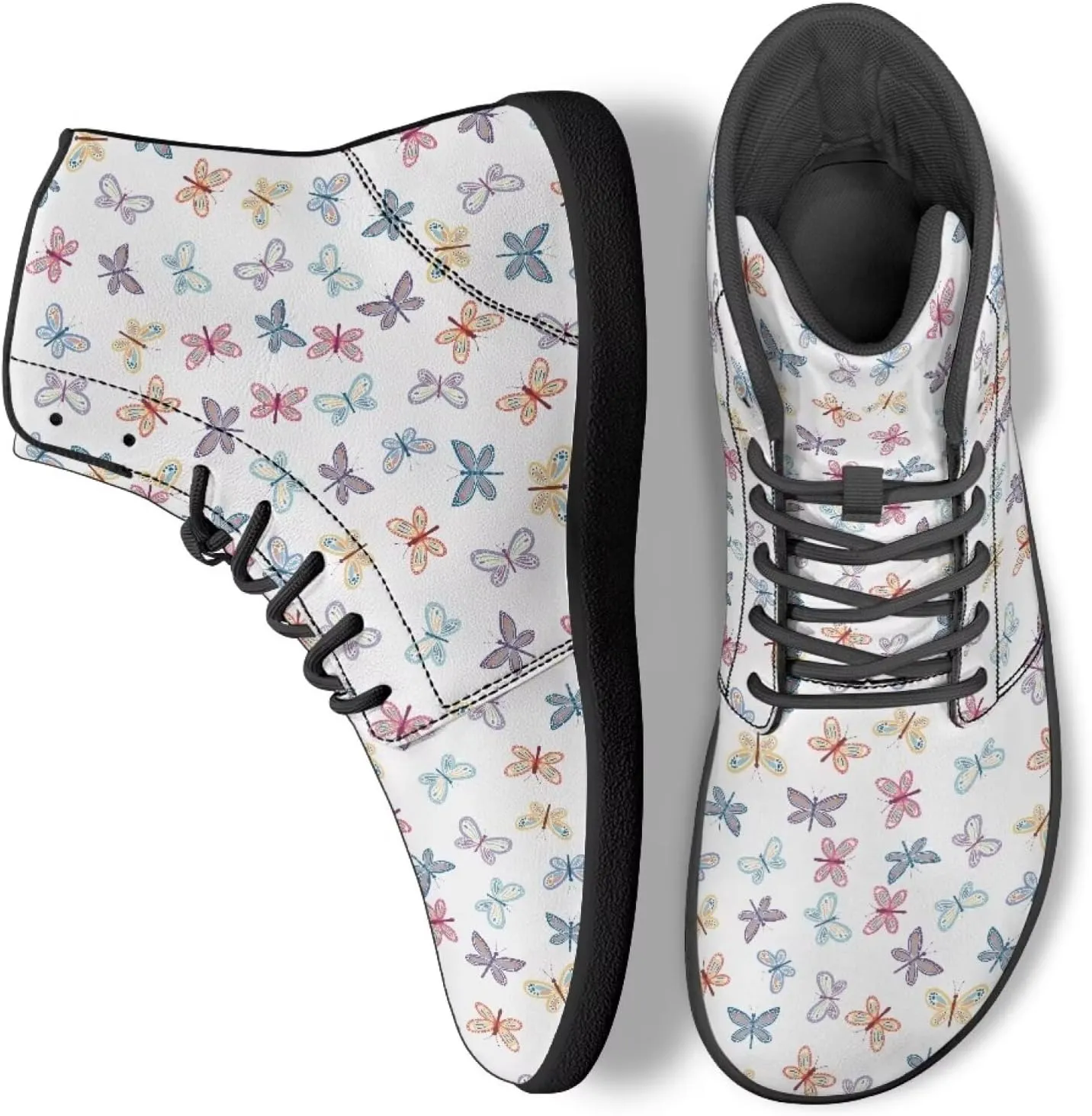 Butterflies Pattern High Top Zero-Drop Barefoot Shoes, Wide Toe Shoes for Men - Rubber Sole Running Shoes