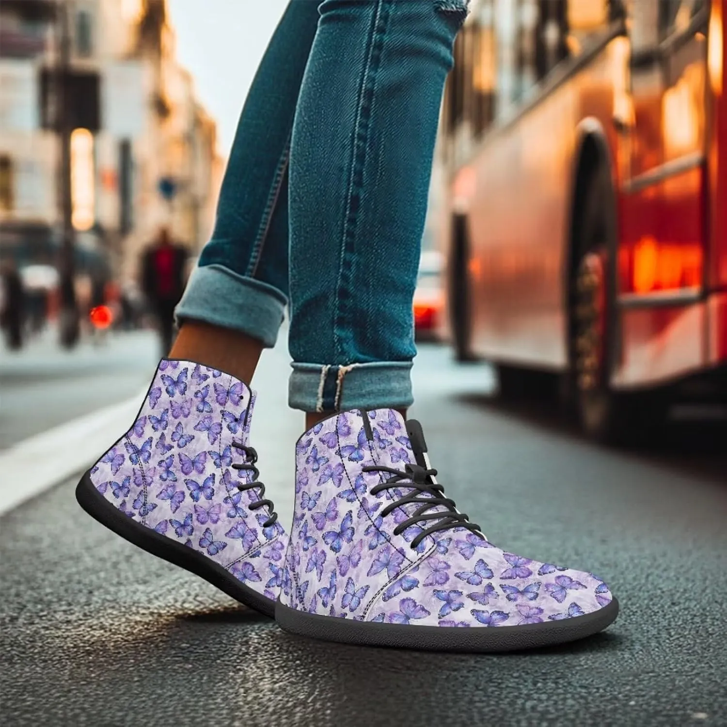 Butterflies Pattern High Top Zero-Drop Barefoot Shoes, Wide Toe Shoes for Men - Rubber Sole Running Shoes