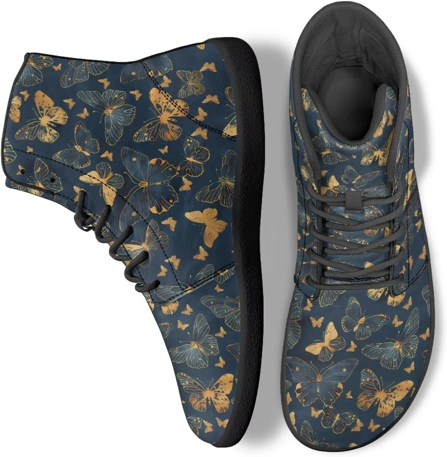 Butterflies Pattern High Top Zero-Drop Barefoot Shoes, Wide Toe Shoes for Men - Rubber Sole Running Shoes