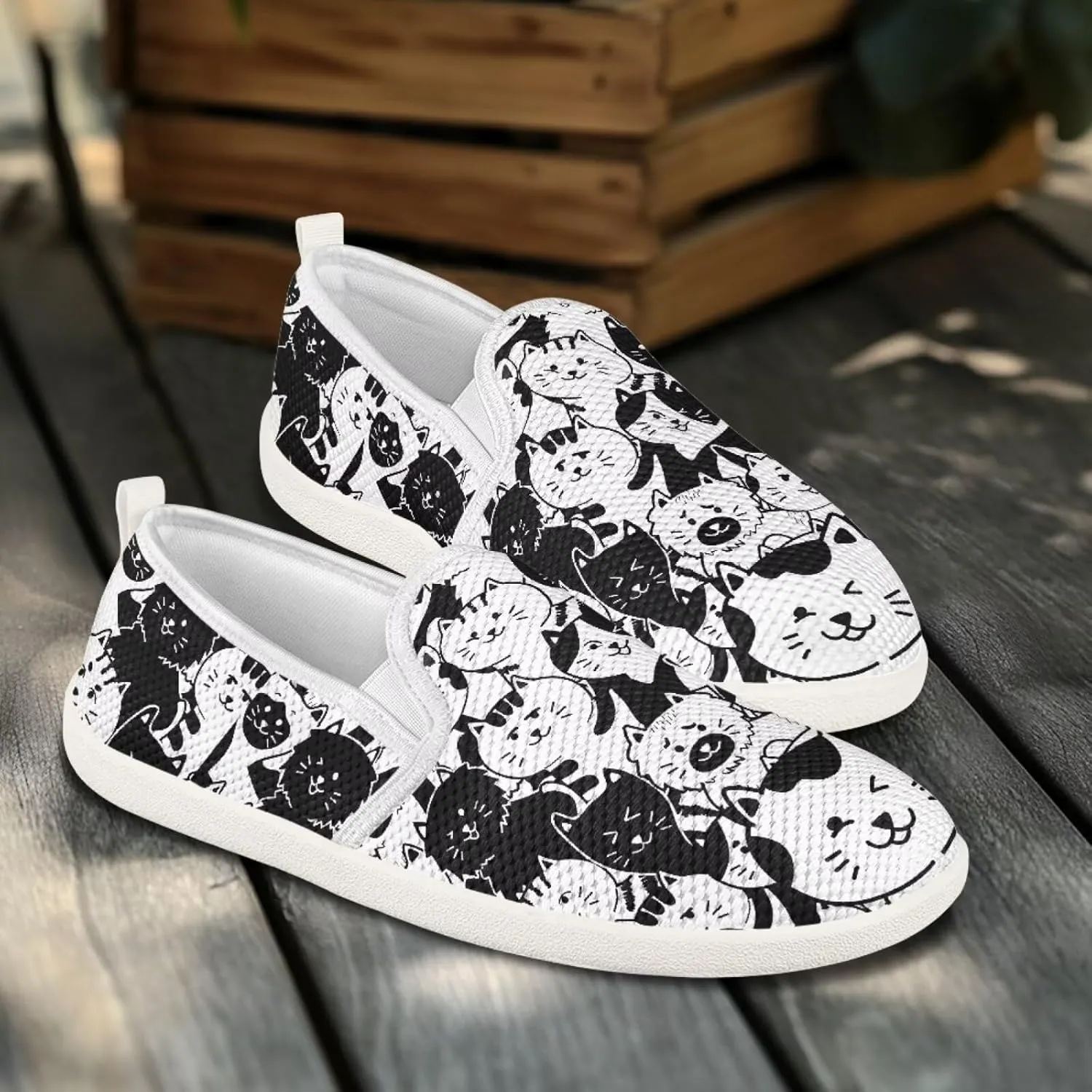 Cat Print Outdoor Shoes Fashion Work Flat Mesh Business Shoes Slip On Leisure Loafer for Women