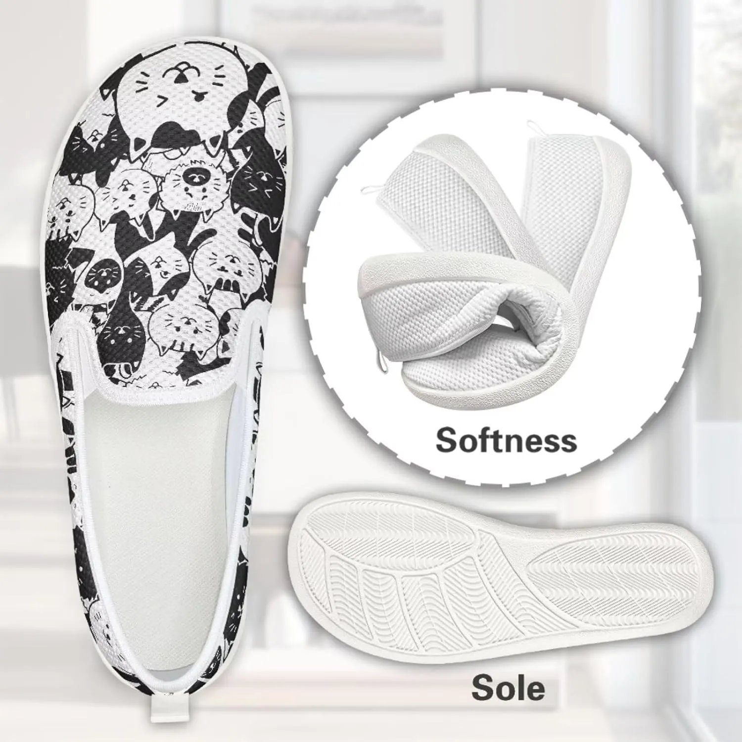 Cat Print Outdoor Shoes Fashion Work Flat Mesh Business Shoes Slip On Leisure Loafer for Women