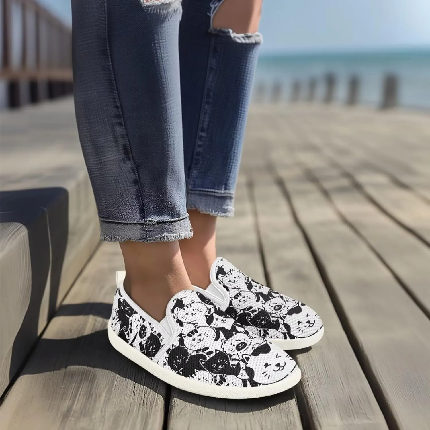 Cat Print Outdoor Shoes Fashion Work Flat Mesh Business Shoes Slip On Leisure Loafer for Women
