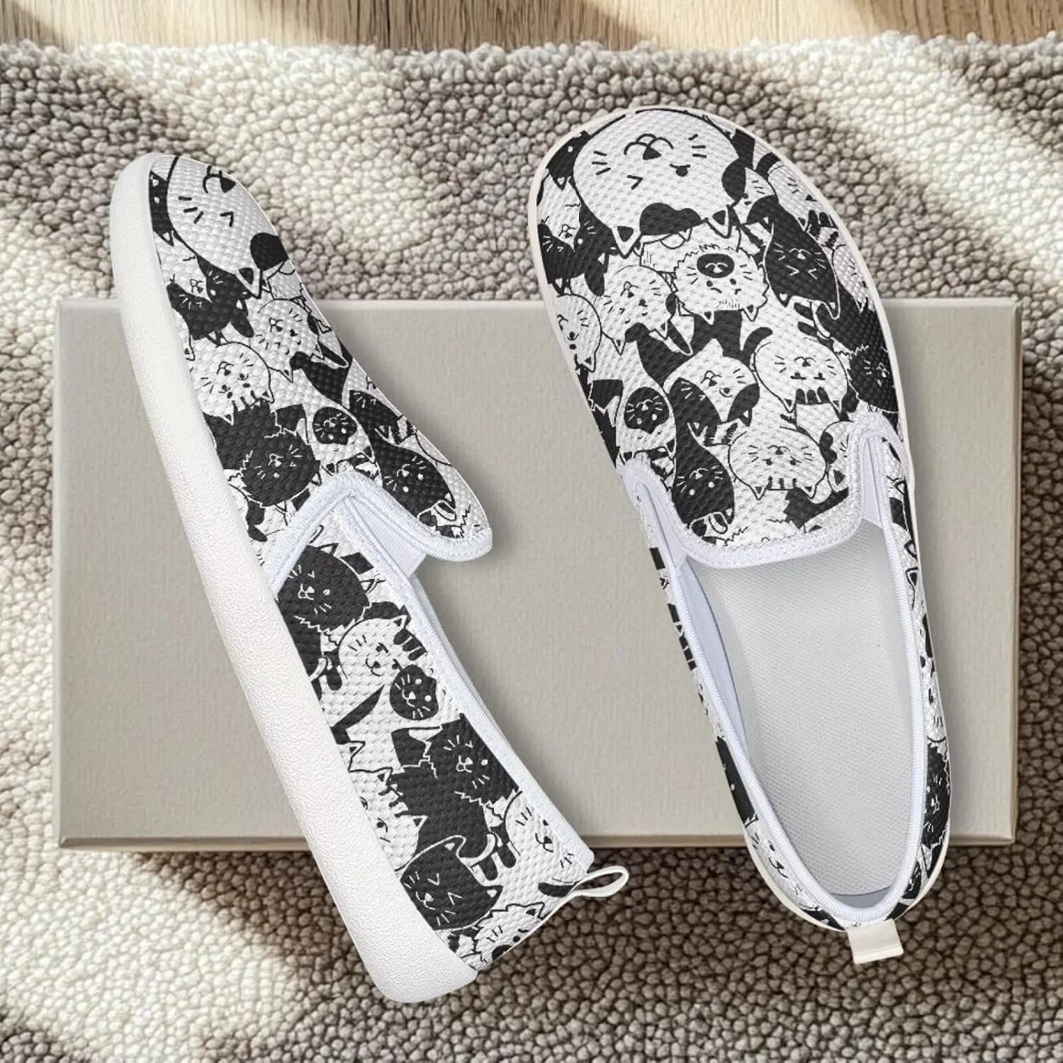 Cat Print Outdoor Shoes Fashion Work Flat Mesh Business Shoes Slip On Leisure Loafer for Women