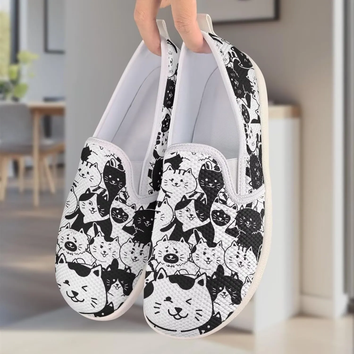 Cat Print Outdoor Shoes Fashion Work Flat Mesh Business Shoes Slip On Leisure Loafer for Women