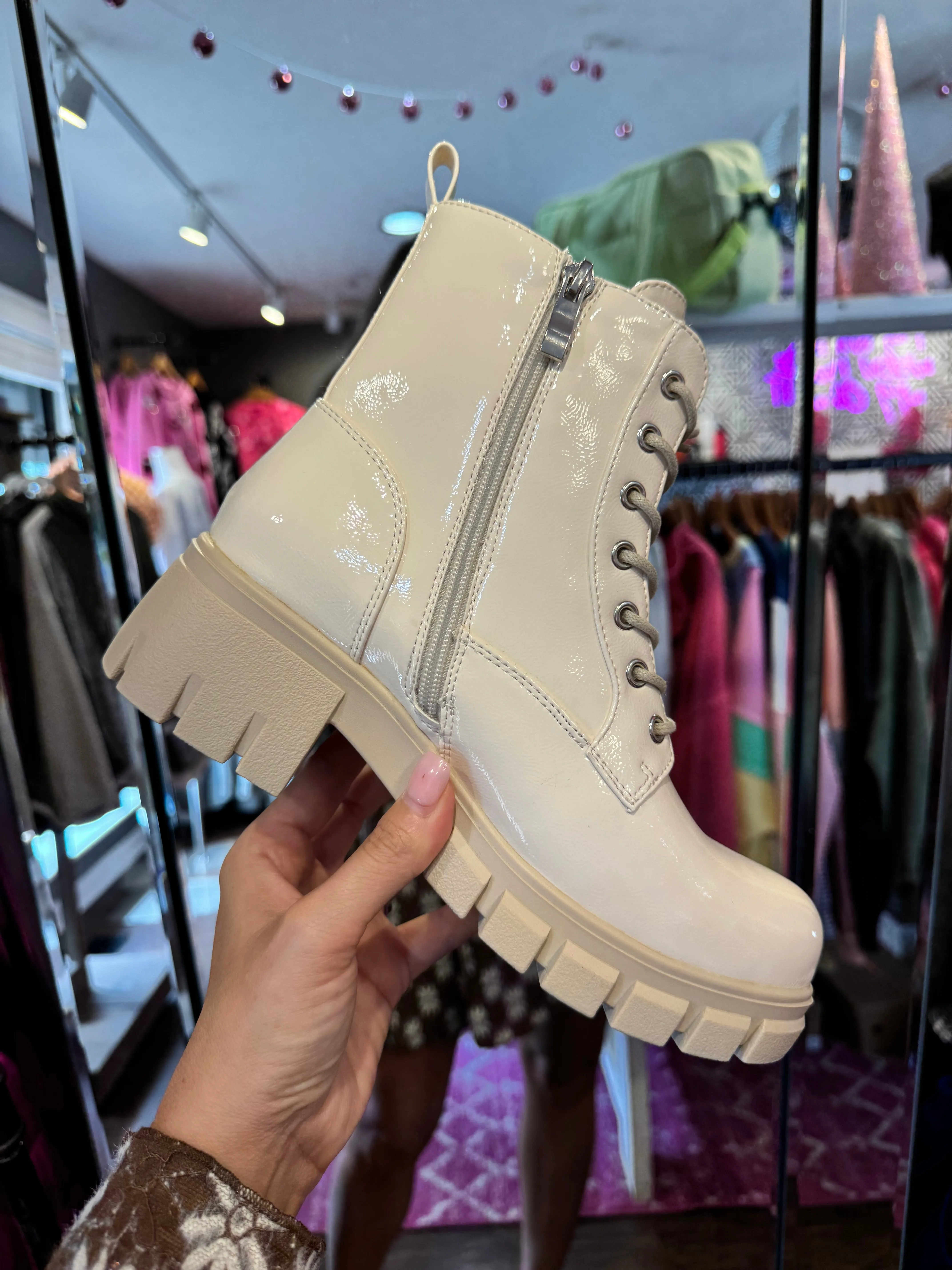 Corkys Cray Patent Ivory Boots