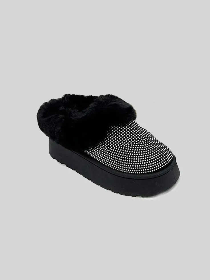 DIVA Embellished Faux Fur Platform Booties - Black