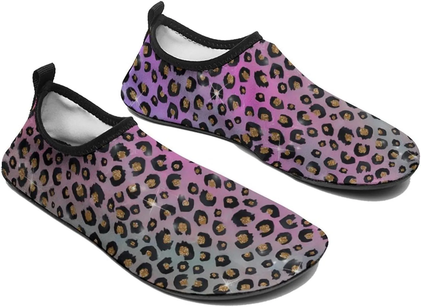 Elegant Pink Blue Gold Glitter Black Leopard Print Men Women Water Shoes Quick-Dry Aqua Socks Barefoot Slip-on for Beach Swim Sport Surf Yoga Exercise