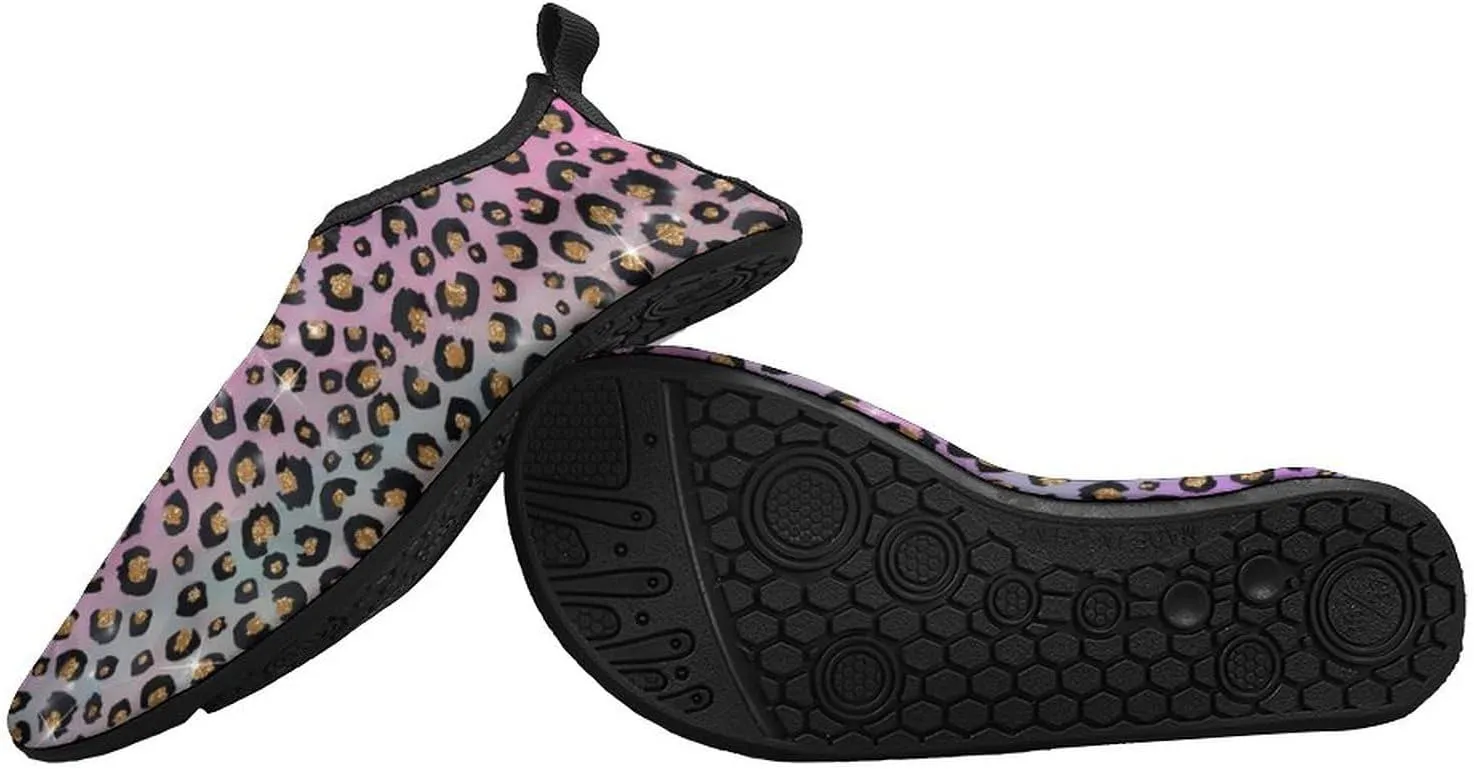 Elegant Pink Blue Gold Glitter Black Leopard Print Men Women Water Shoes Quick-Dry Aqua Socks Barefoot Slip-on for Beach Swim Sport Surf Yoga Exercise
