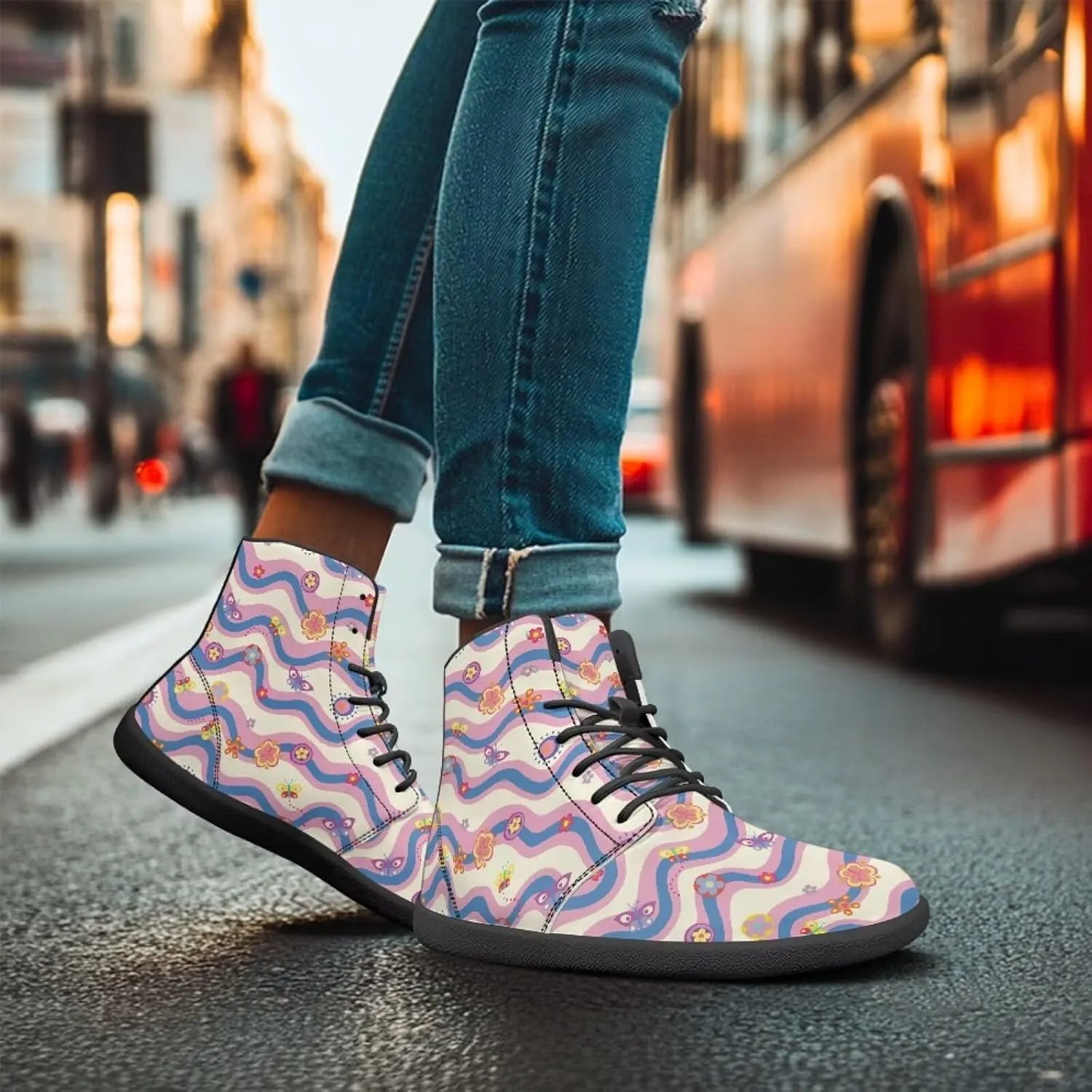 High Top Flower Pattern Zero-Drop Barefoot Shoes for Men Women Lightweight Minimalist Shoes for Running and Hiking Activities