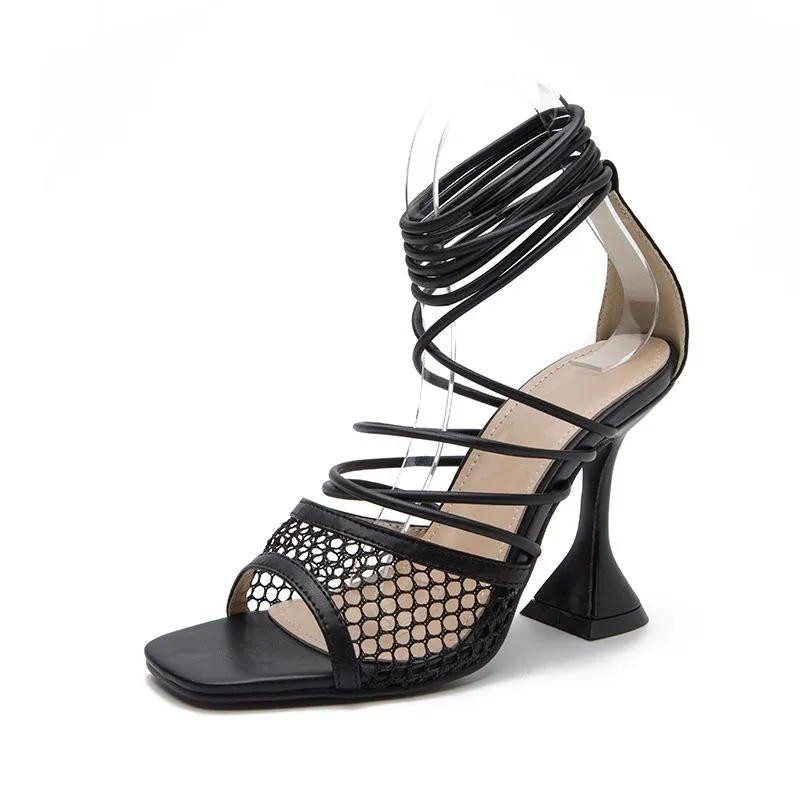 Hollow Out Tie Leg Design Stiletto Heeled Sandals