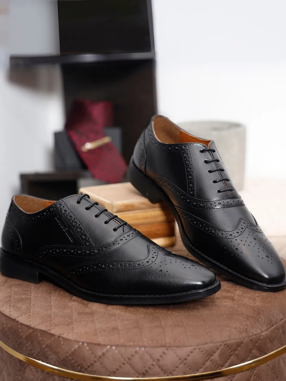 Italian Leather Wingtip Brogue Jet Black Shoes for Men