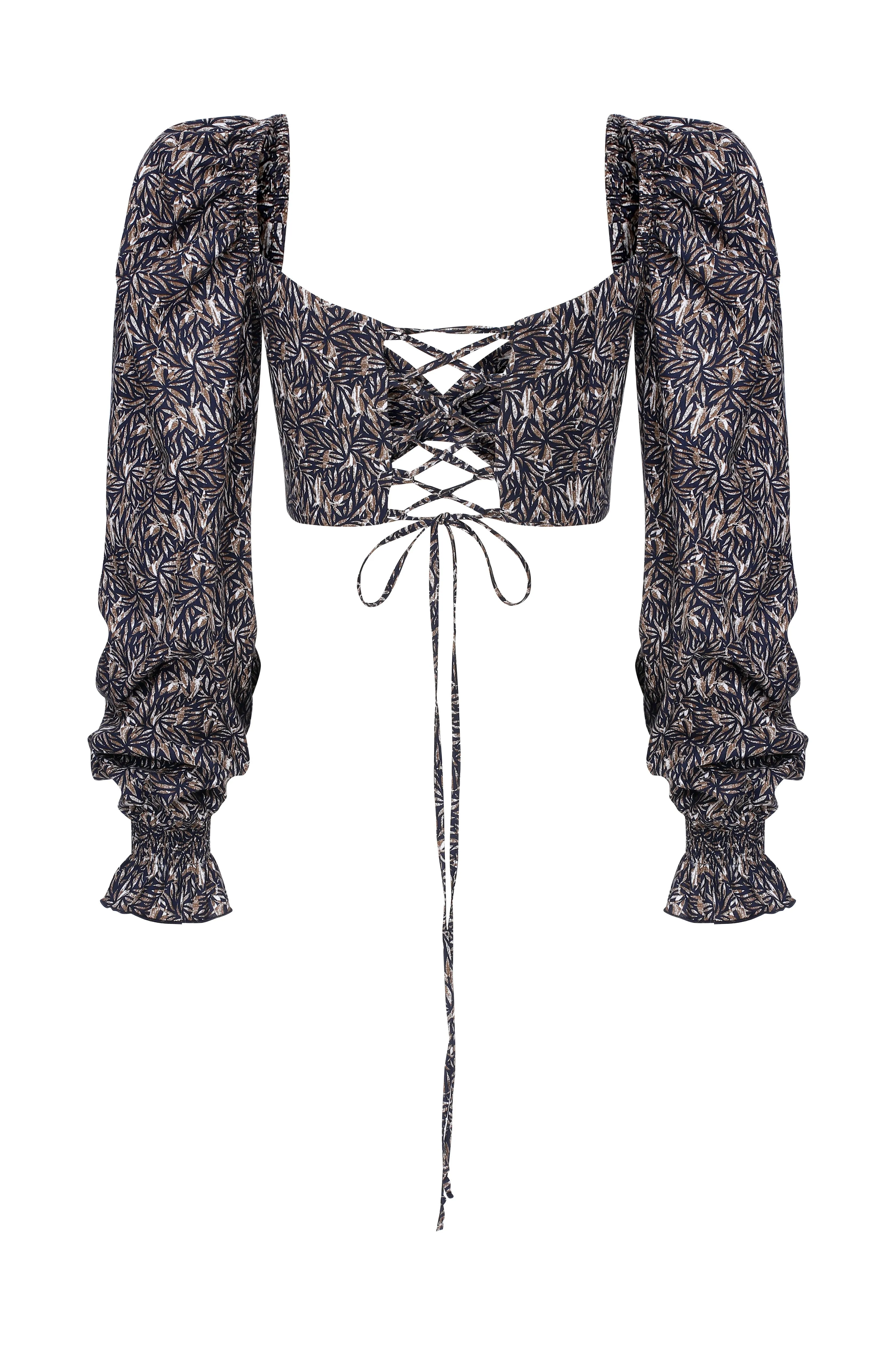 Lolly Tie Back Printed  Poplin Top in Dark Brown