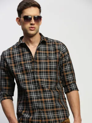 Men Black Classic Slim Fit Tartan Checked Cotton Twill Casual Shirt