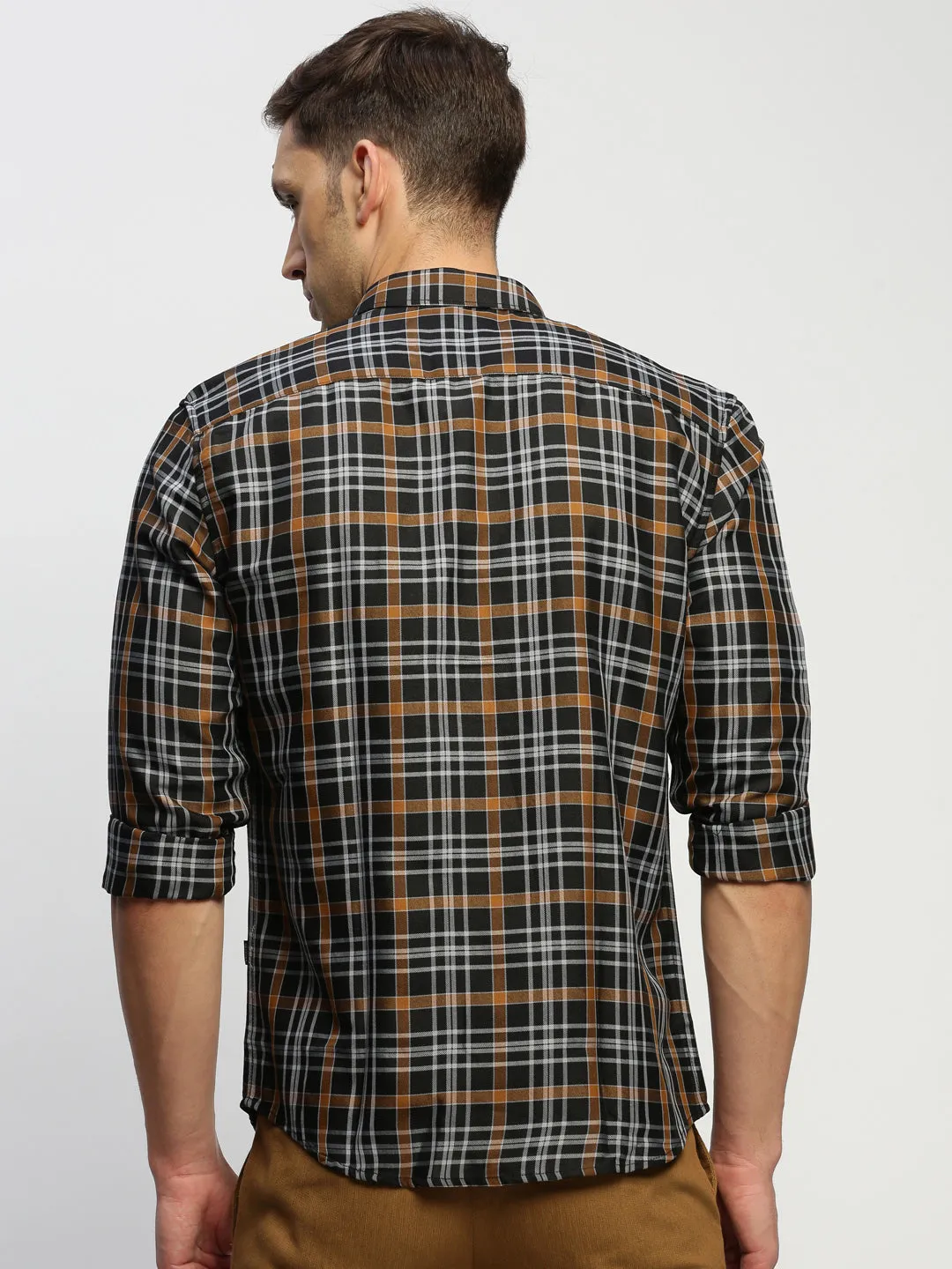 Men Black Classic Slim Fit Tartan Checked Cotton Twill Casual Shirt