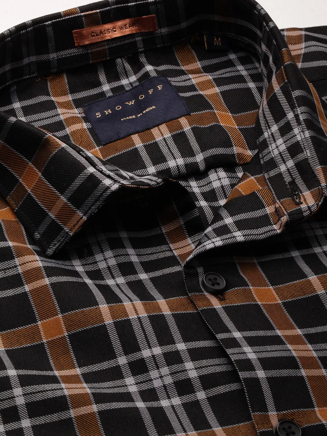 Men Black Classic Slim Fit Tartan Checked Cotton Twill Casual Shirt