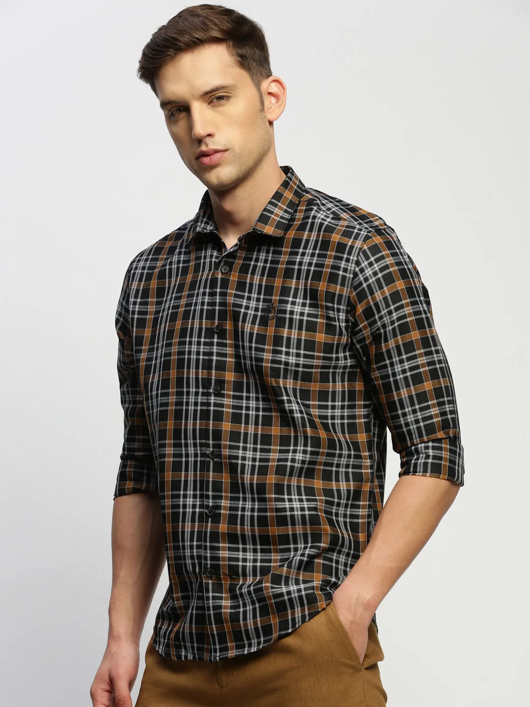 Men Black Classic Slim Fit Tartan Checked Cotton Twill Casual Shirt