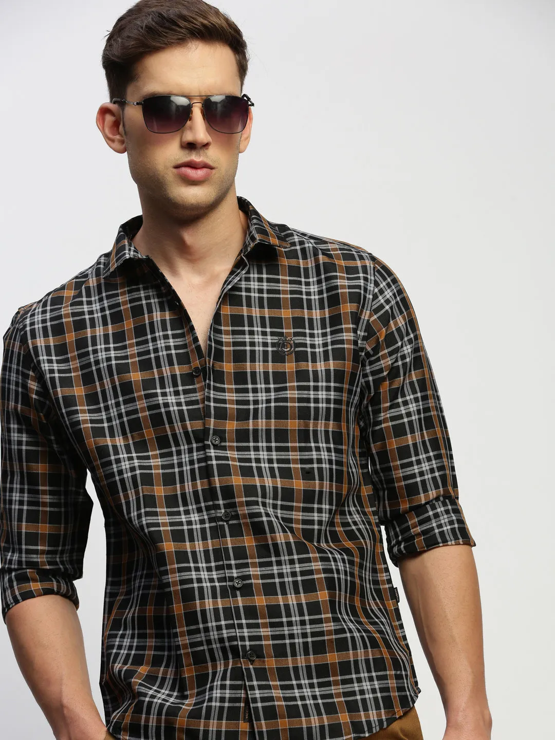 Men Black Classic Slim Fit Tartan Checked Cotton Twill Casual Shirt