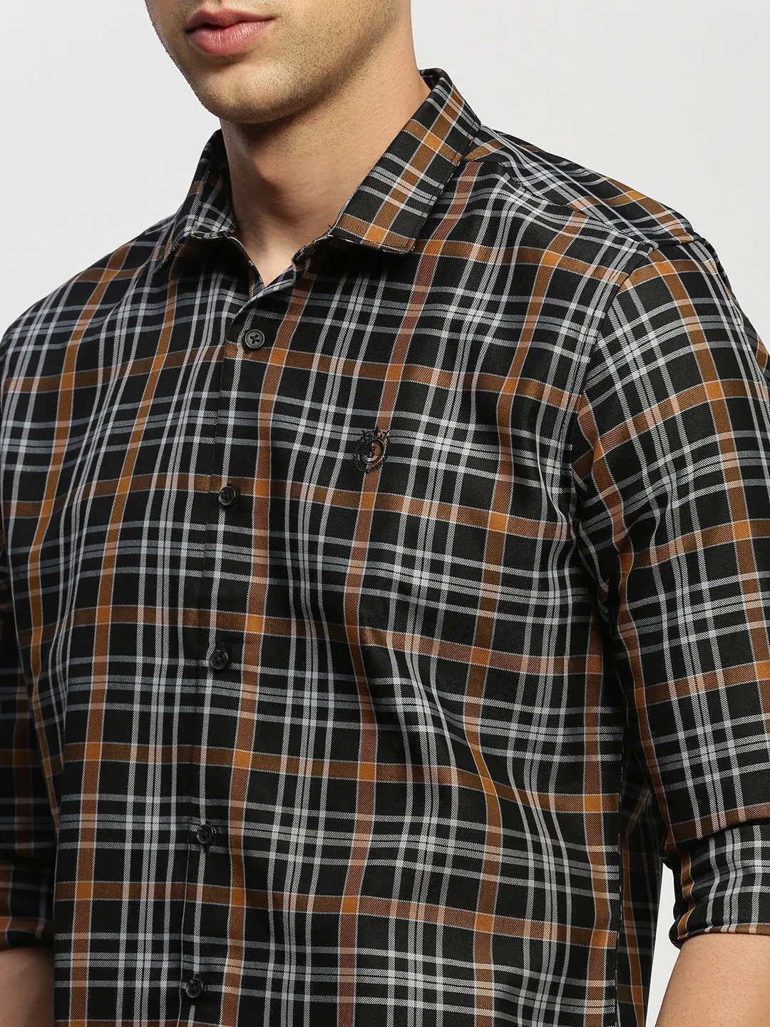 Men Black Classic Slim Fit Tartan Checked Cotton Twill Casual Shirt