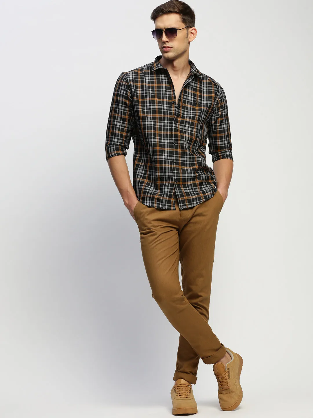 Men Black Classic Slim Fit Tartan Checked Cotton Twill Casual Shirt