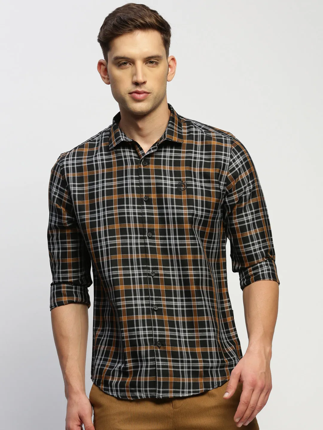 Men Black Classic Slim Fit Tartan Checked Cotton Twill Casual Shirt