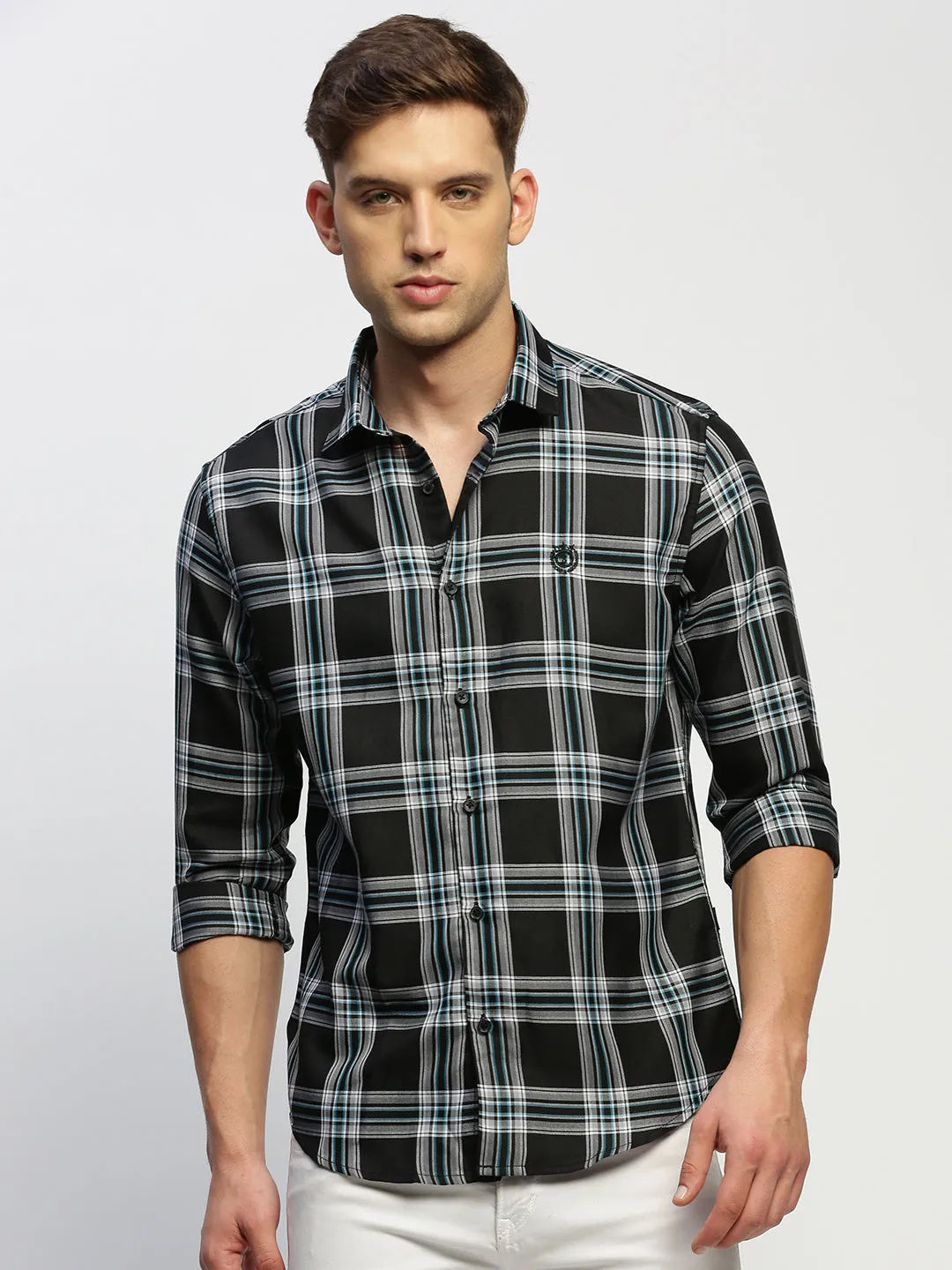 Men Black Classic Slim Fit Tartan Checked Spread Collar Cotton Casual Shirt