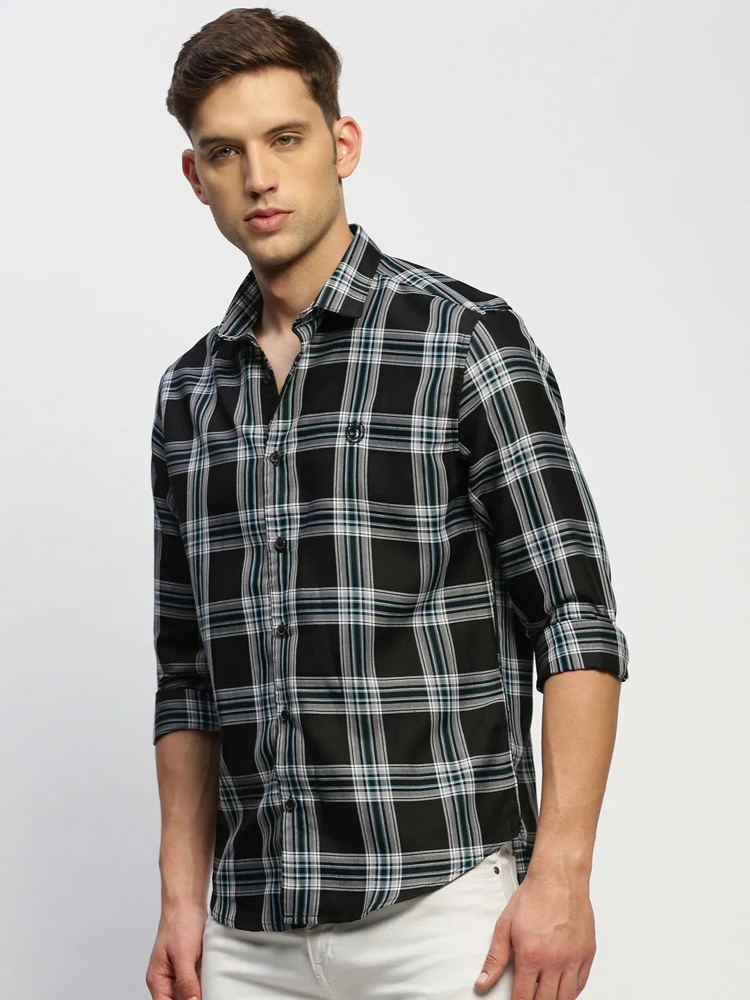 Men Black Classic Slim Fit Tartan Checked Spread Collar Cotton Casual Shirt