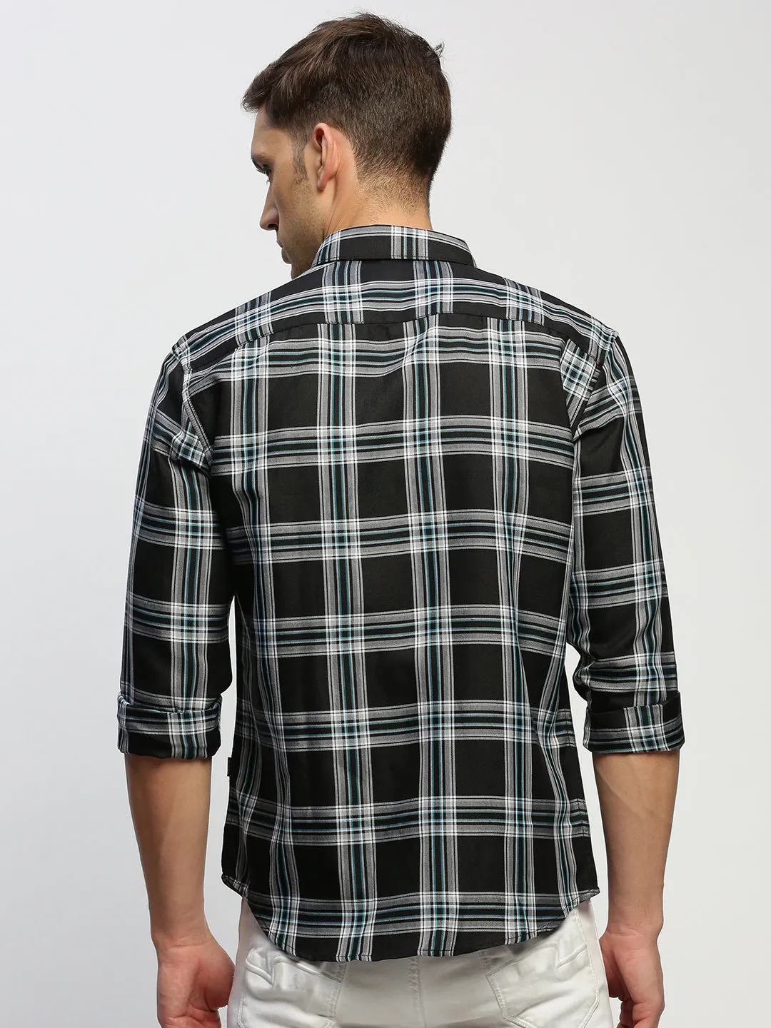 Men Black Classic Slim Fit Tartan Checked Spread Collar Cotton Casual Shirt