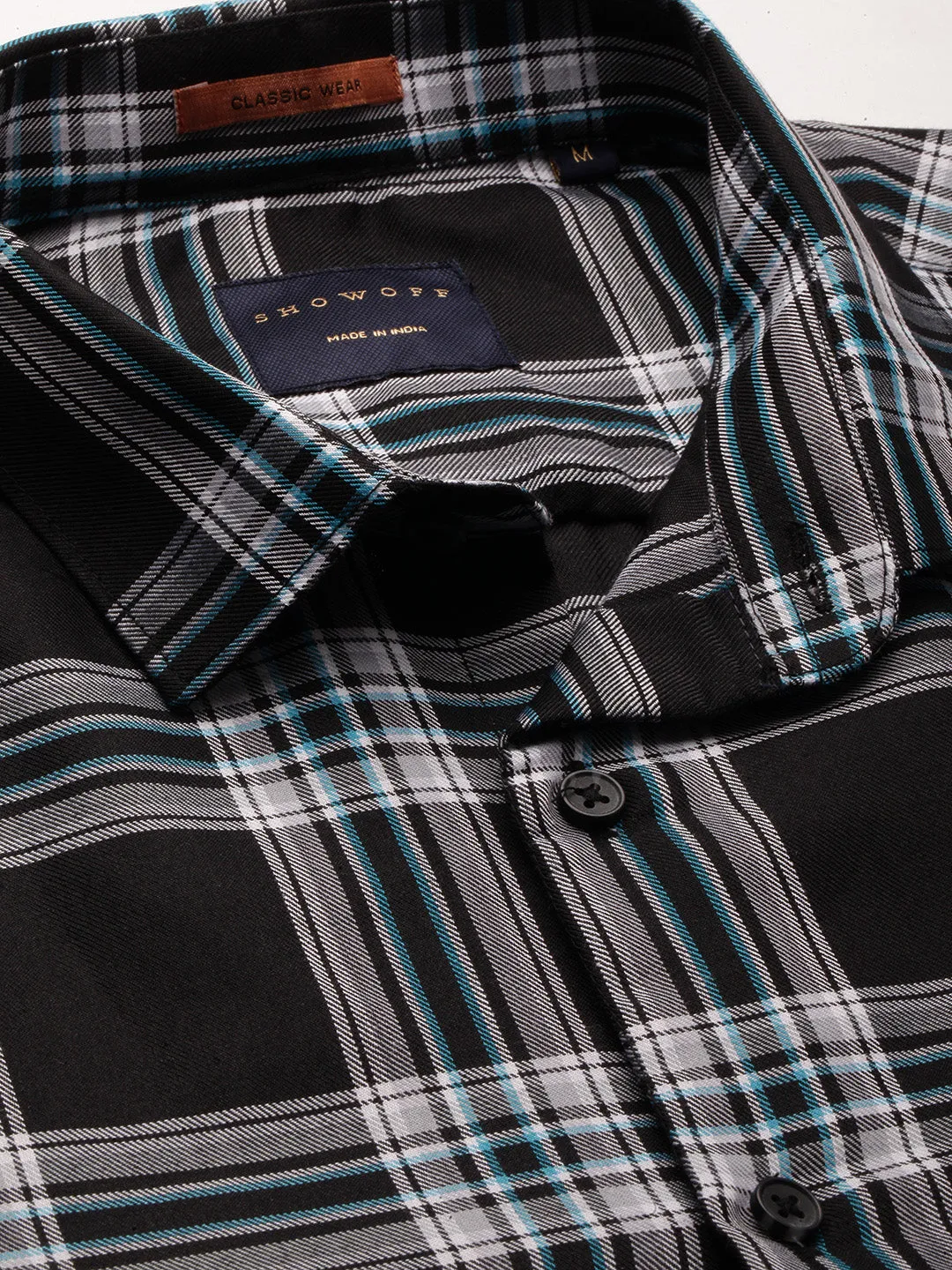 Men Black Classic Slim Fit Tartan Checked Spread Collar Cotton Casual Shirt