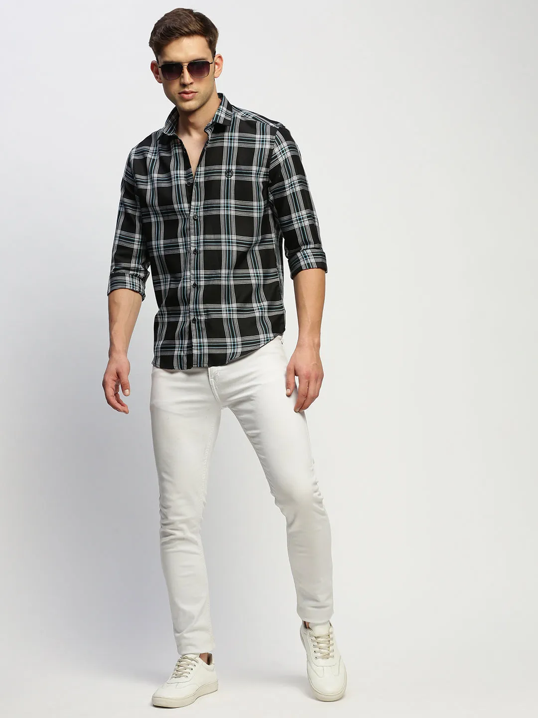 Men Black Classic Slim Fit Tartan Checked Spread Collar Cotton Casual Shirt
