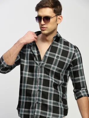 Men Black Classic Slim Fit Tartan Checked Spread Collar Cotton Casual Shirt