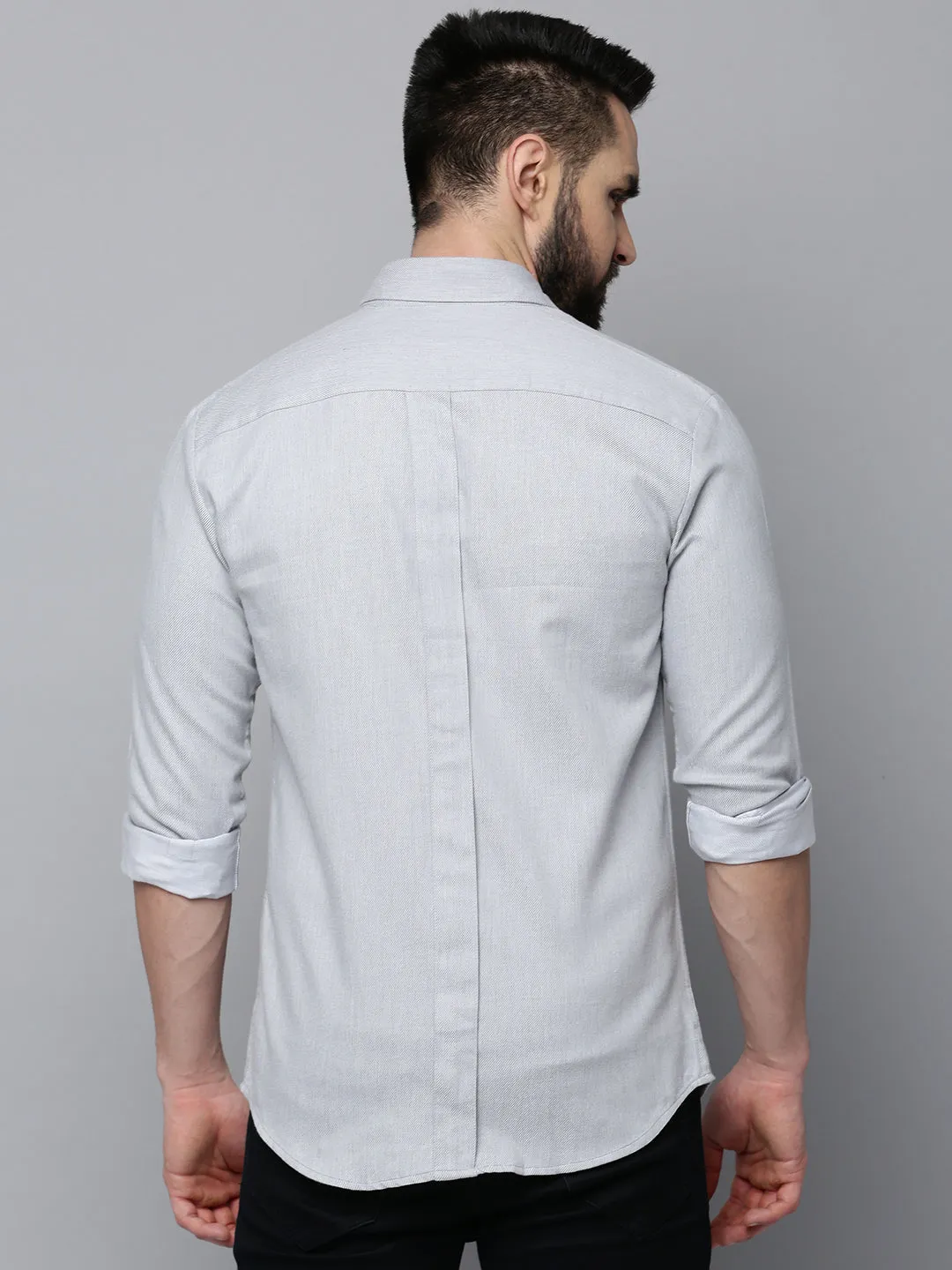 Men Grey Spread Collar Long Sleeves Cotton Casual Shirt