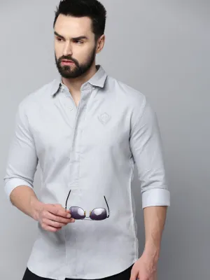 Men Grey Spread Collar Long Sleeves Cotton Casual Shirt