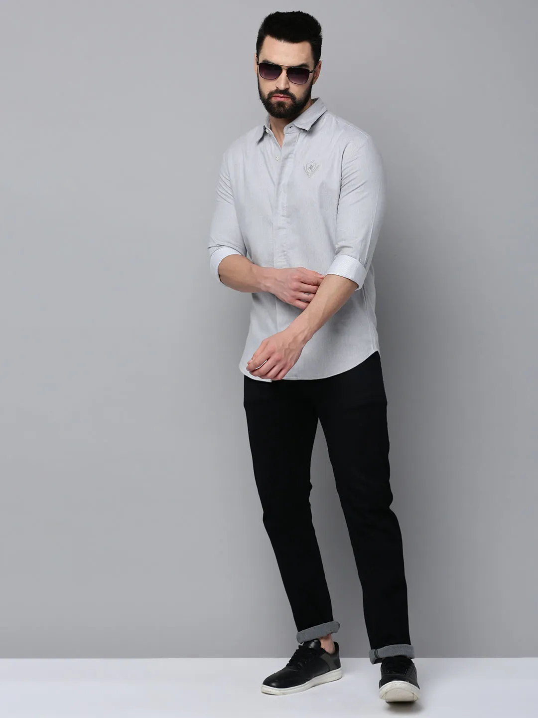Men Grey Spread Collar Long Sleeves Cotton Casual Shirt